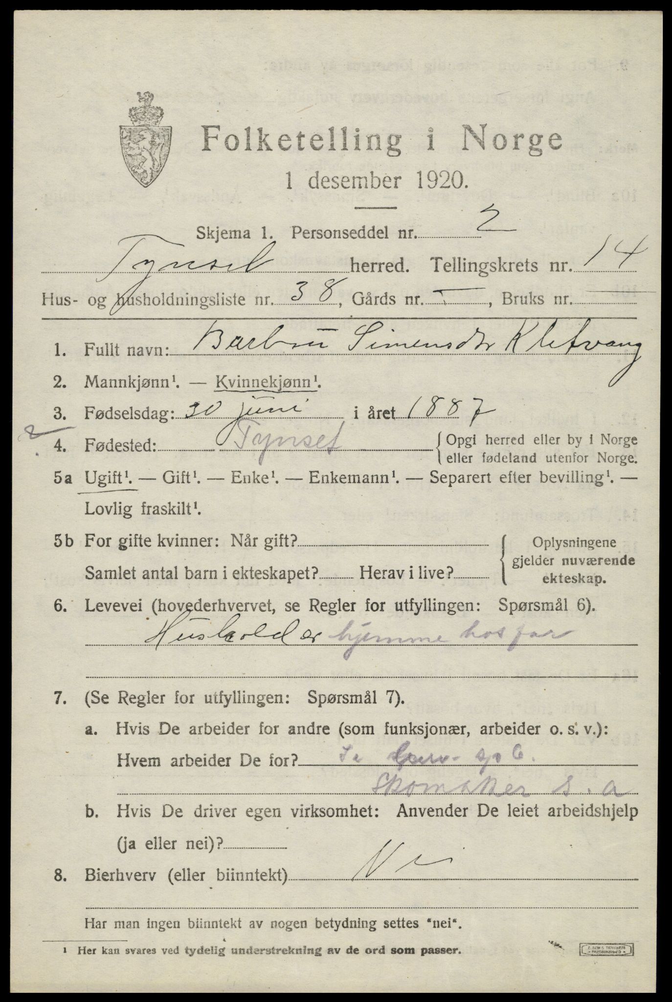 SAH, 1920 census for Tynset, 1920, p. 9224