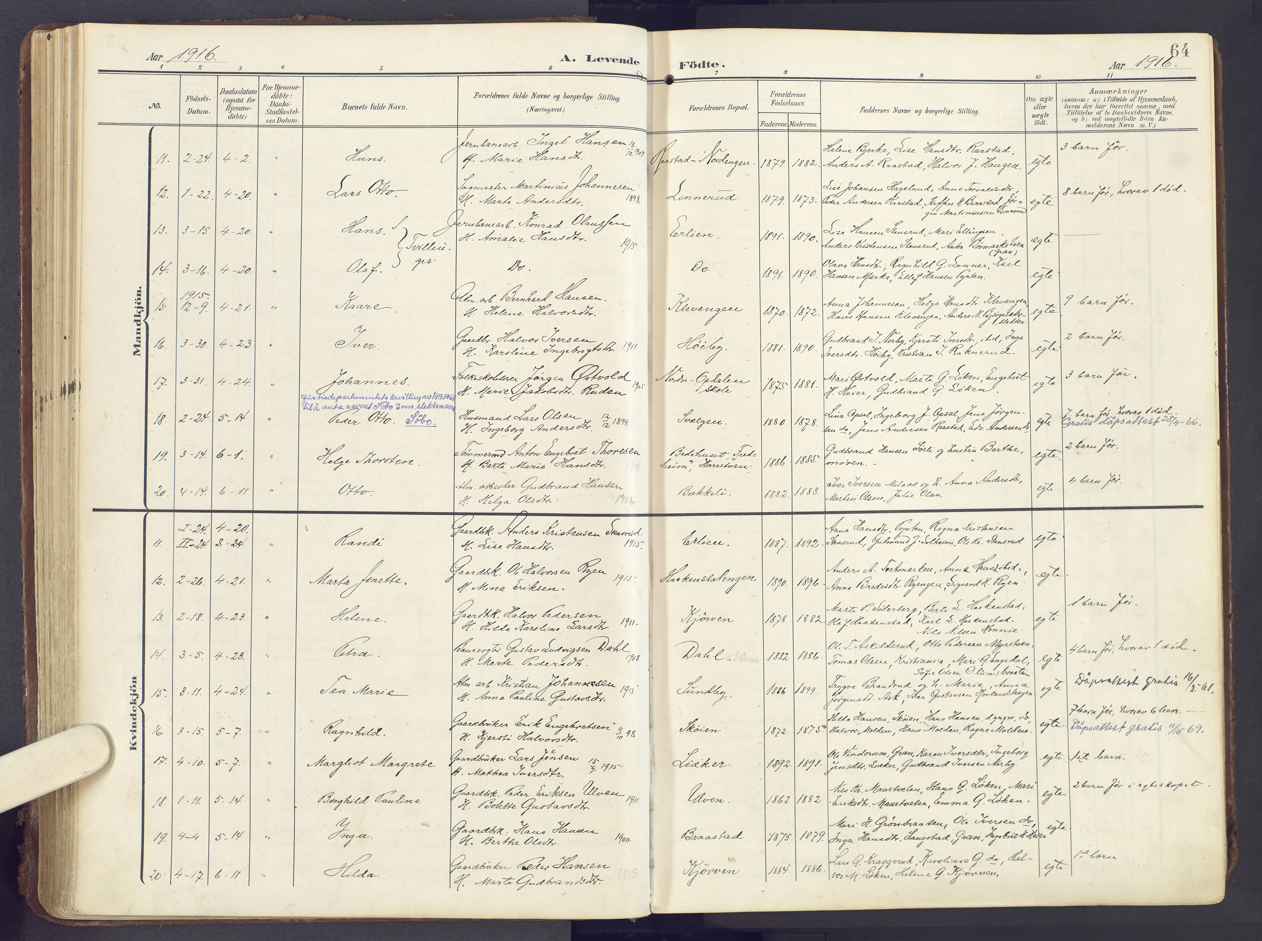 Lunner prestekontor, SAH/PREST-118/H/Ha/Haa/L0001: Parish register (official) no. 1, 1907-1922, p. 64