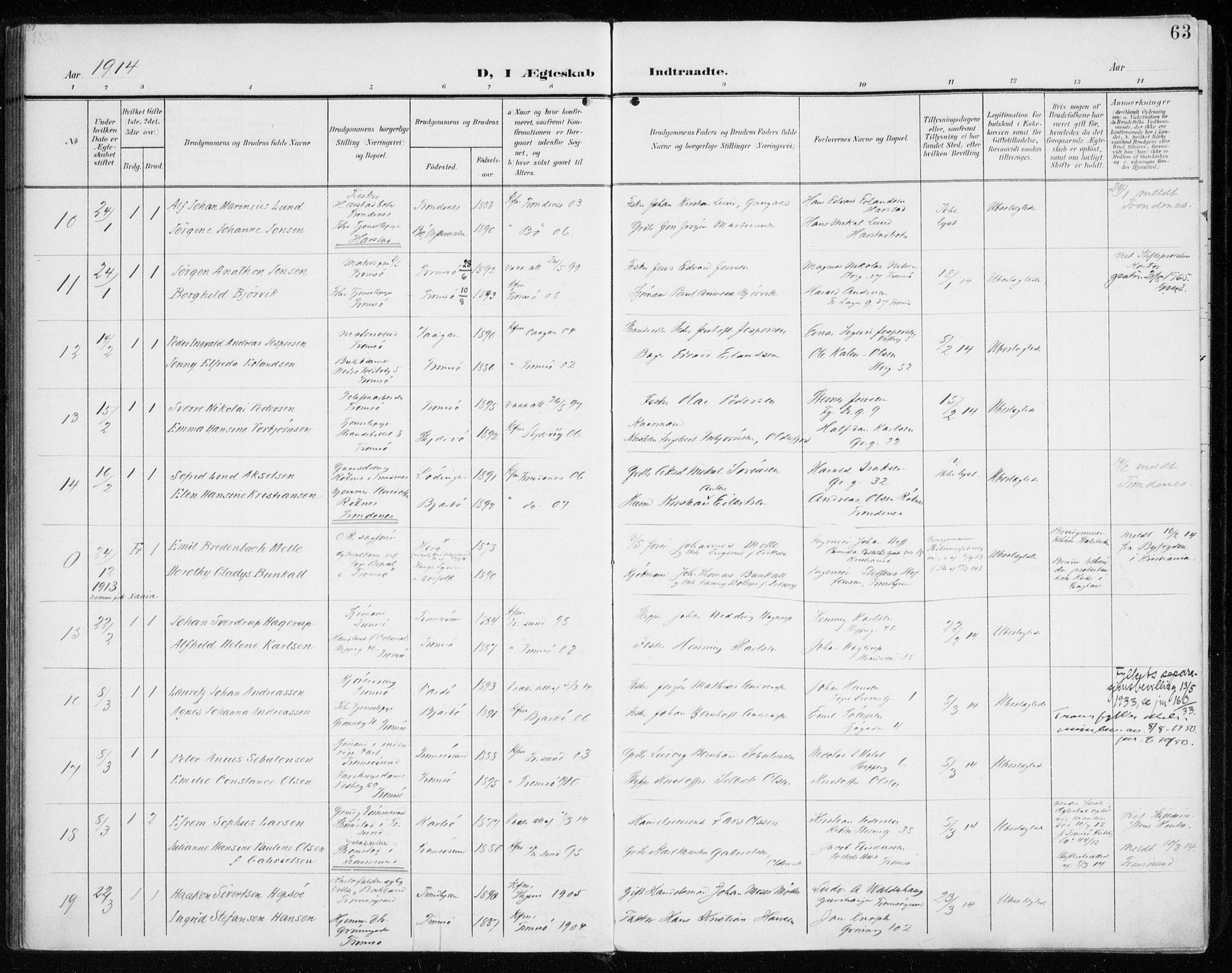 Tromsø sokneprestkontor/stiftsprosti/domprosti, AV/SATØ-S-1343/G/Ga/L0018kirke: Parish register (official) no. 18, 1907-1917, p. 63