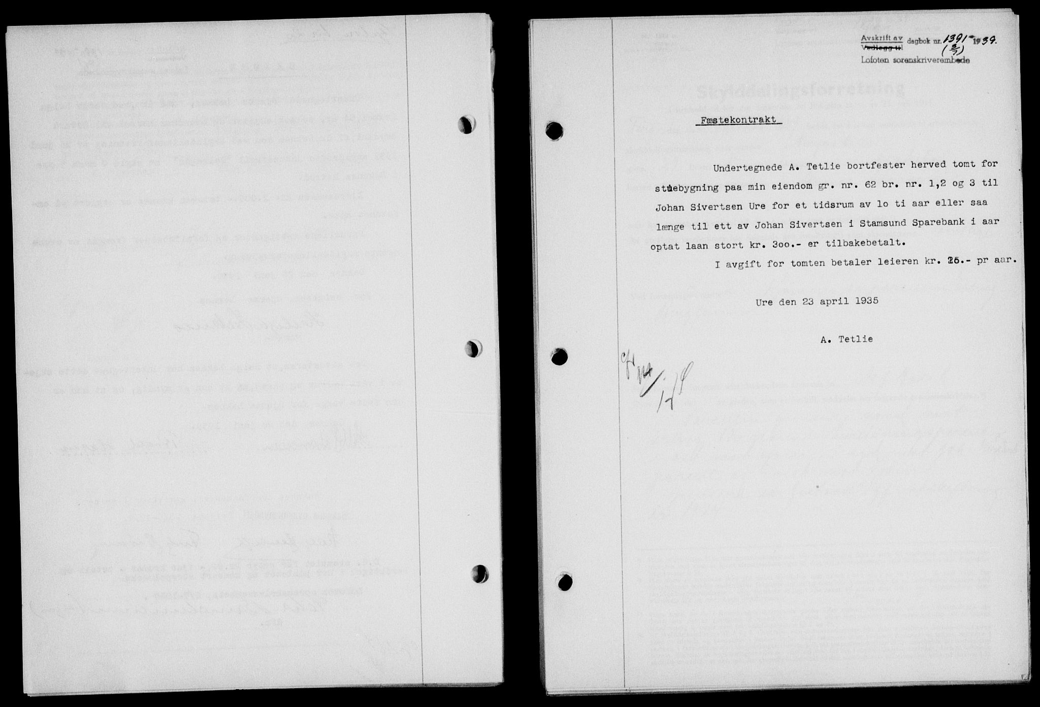 Lofoten sorenskriveri, SAT/A-0017/1/2/2C/L0006a: Mortgage book no. 6a, 1939-1939, Diary no: : 1391/1939