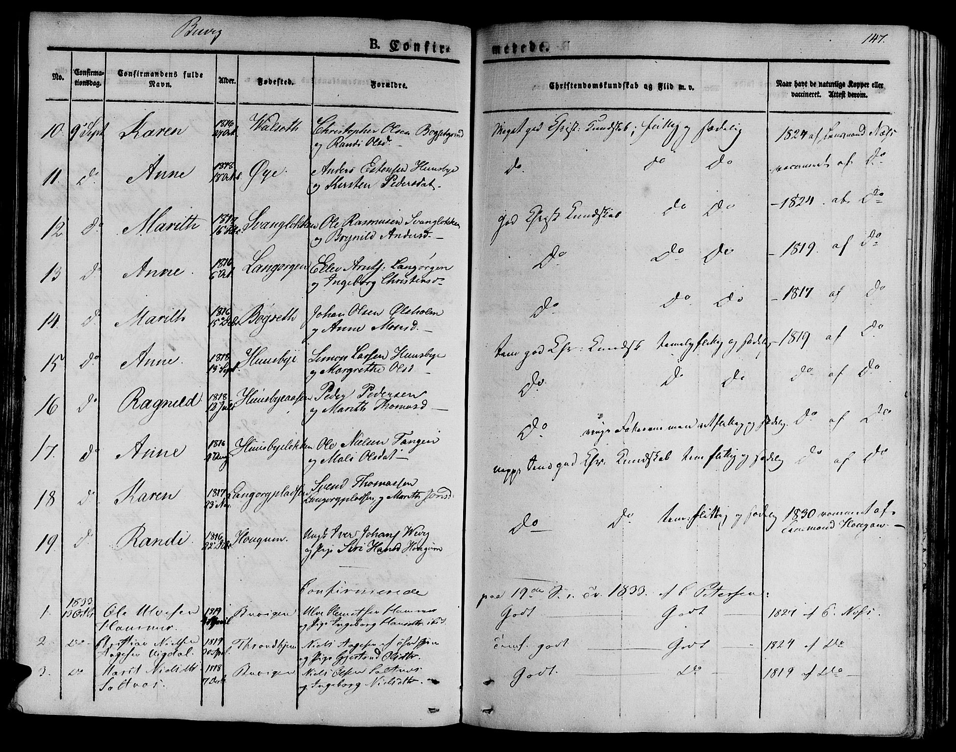 Ministerialprotokoller, klokkerbøker og fødselsregistre - Sør-Trøndelag, SAT/A-1456/612/L0375: Parish register (official) no. 612A07 /2, 1829-1845, p. 147