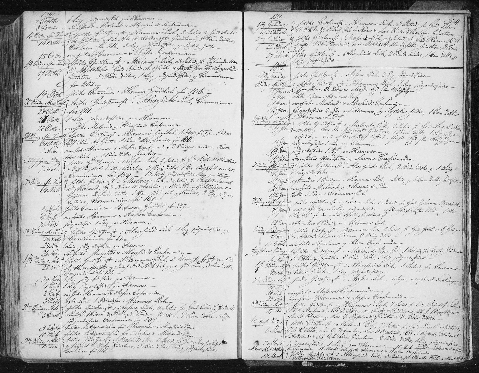 Hamre sokneprestembete, AV/SAB-A-75501/H/Ha/Haa/Haaa/L0012: Parish register (official) no. A 12, 1834-1845, p. 374