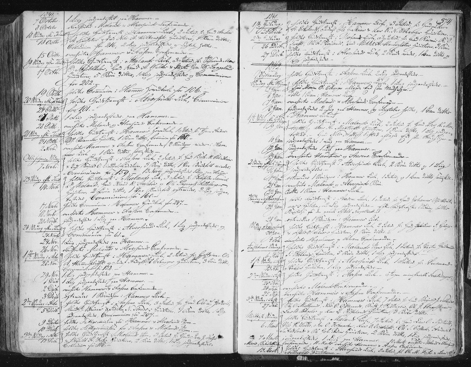 Hamre sokneprestembete, SAB/A-75501/H/Ha/Haa/Haaa/L0012: Parish register (official) no. A 12, 1834-1845, p. 374