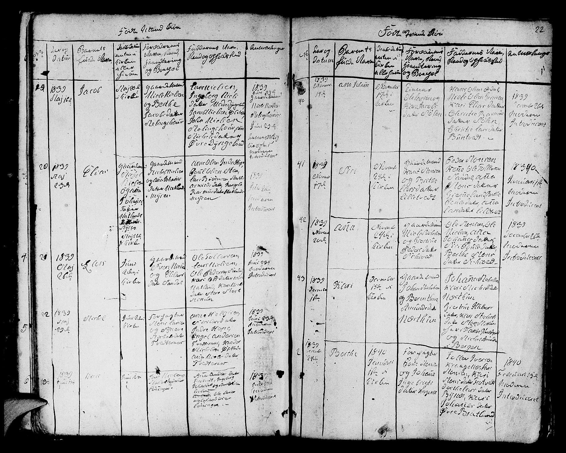 Fana Sokneprestembete, SAB/A-75101/H/Hab/Habb/L0001: Parish register (copy) no. B 1, 1837-1855, p. 22