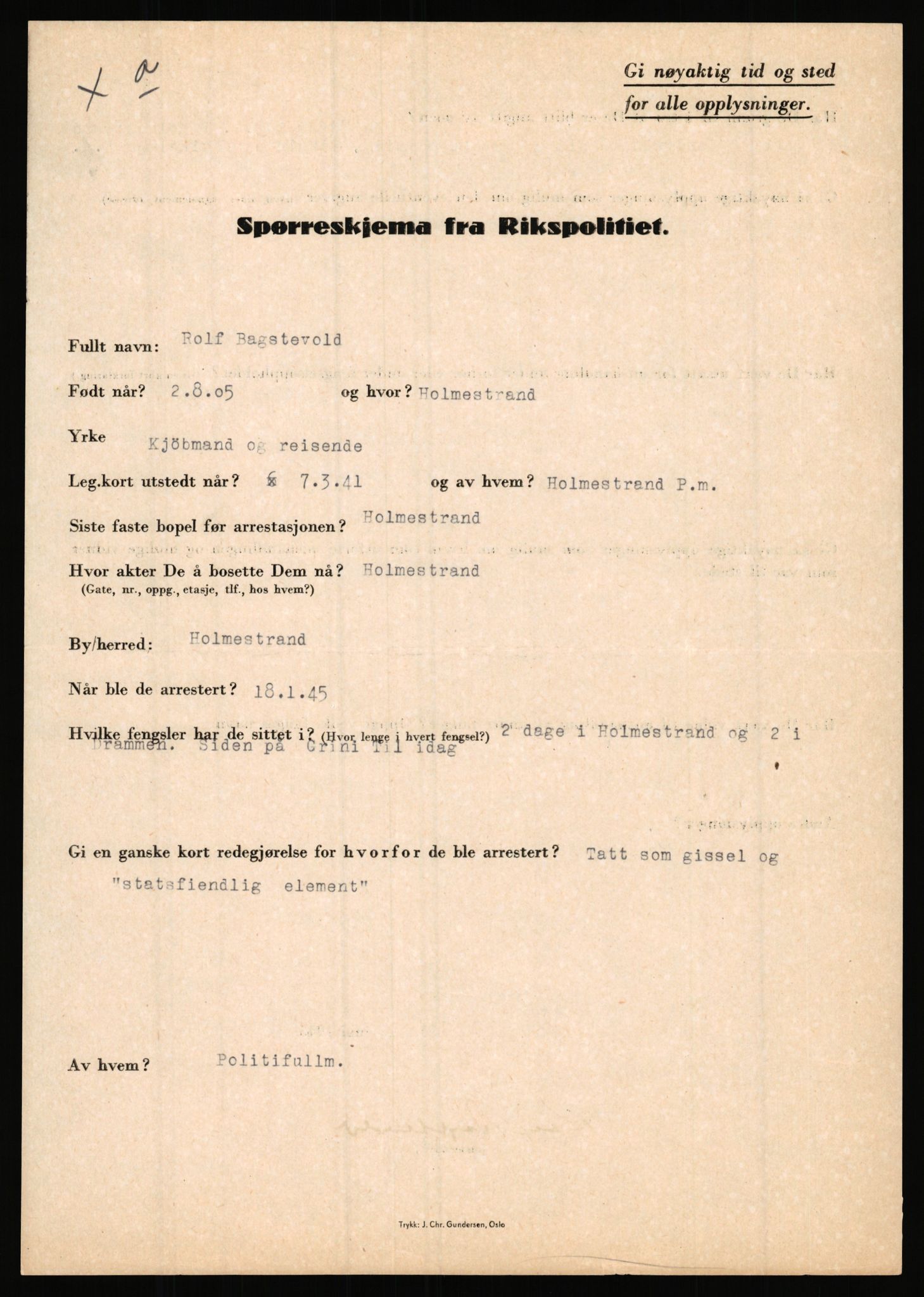 Rikspolitisjefen, AV/RA-S-1560/L/L0001: Abelseth, Rudolf - Berentsen, Odd, 1940-1945, p. 1061