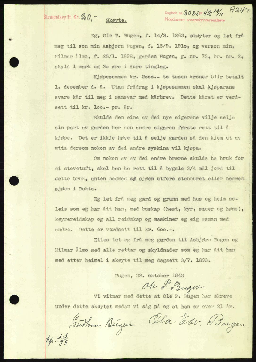 Nordmøre sorenskriveri, AV/SAT-A-4132/1/2/2Ca: Mortgage book no. A94, 1942-1943, Diary no: : 3085/1942