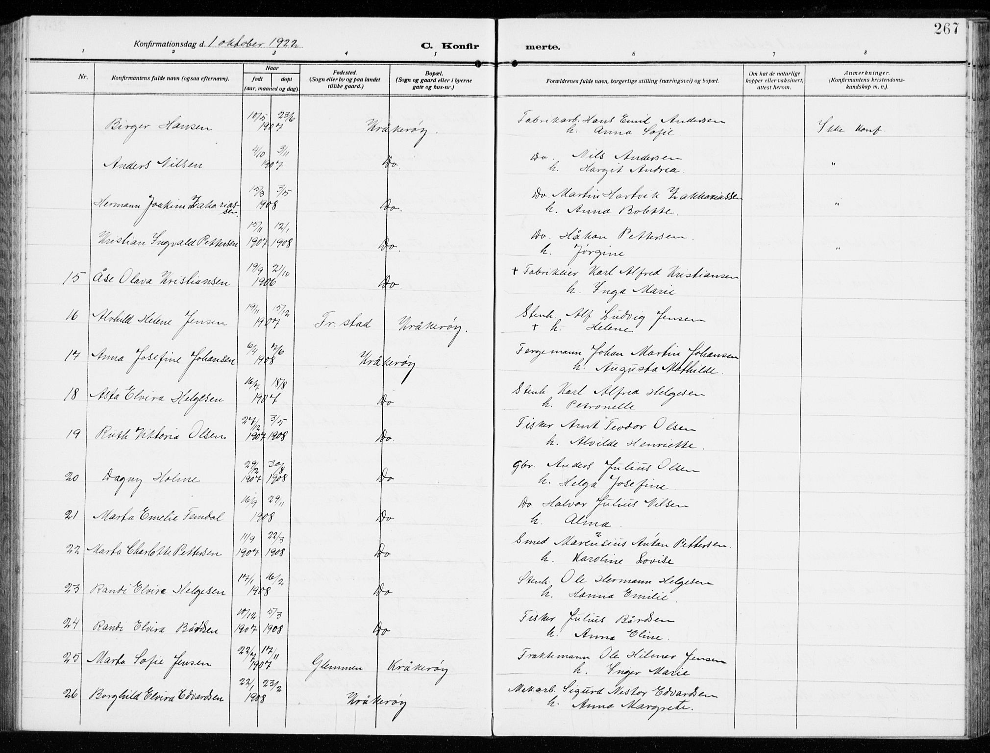 Kråkerøy prestekontor Kirkebøker, AV/SAO-A-10912/G/Ga/L0001: Parish register (copy) no. 1, 1908-1944, p. 267