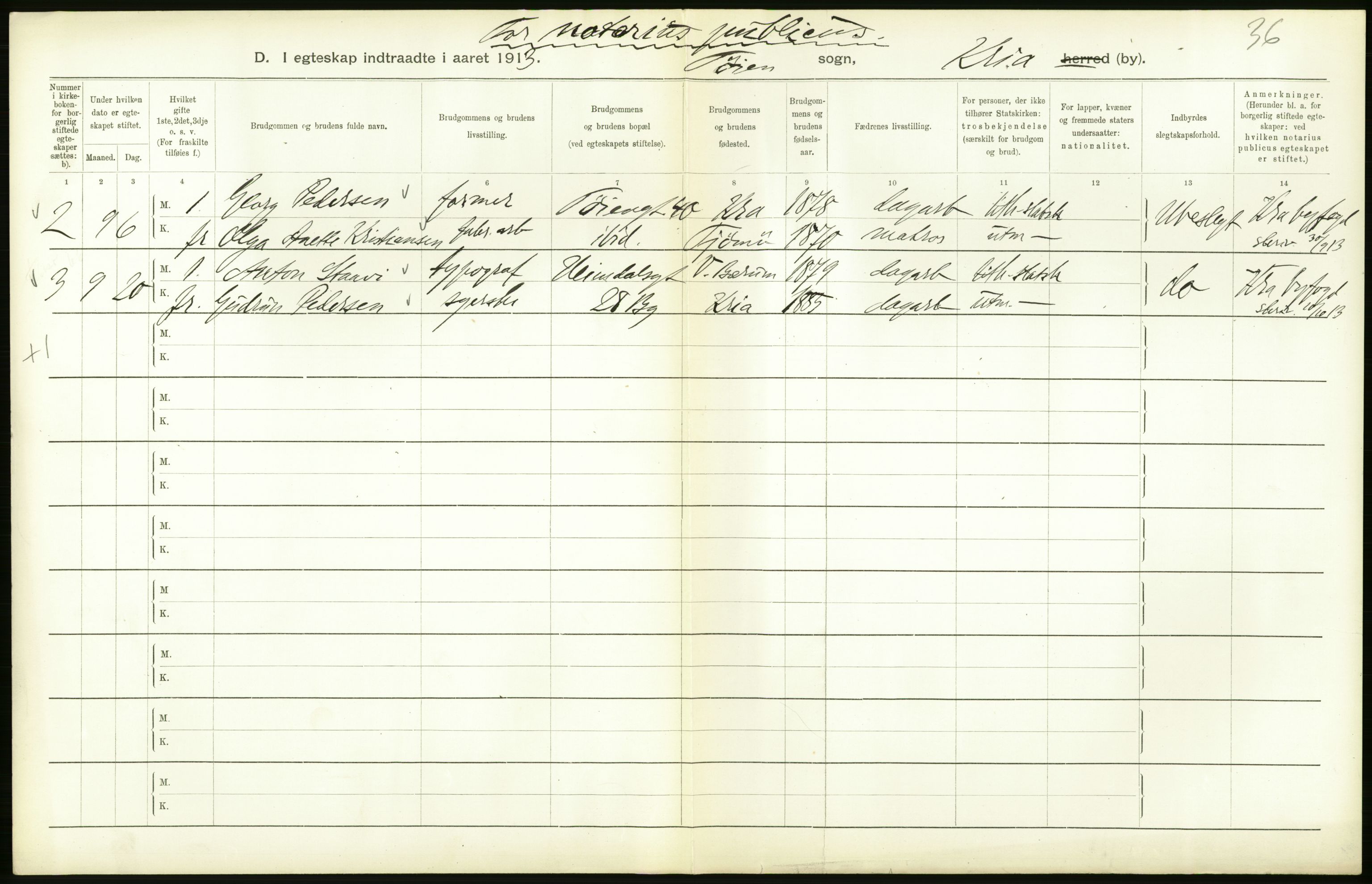 Statistisk sentralbyrå, Sosiodemografiske emner, Befolkning, RA/S-2228/D/Df/Dfb/Dfbc/L0008: Kristiania: Gifte., 1913, p. 132