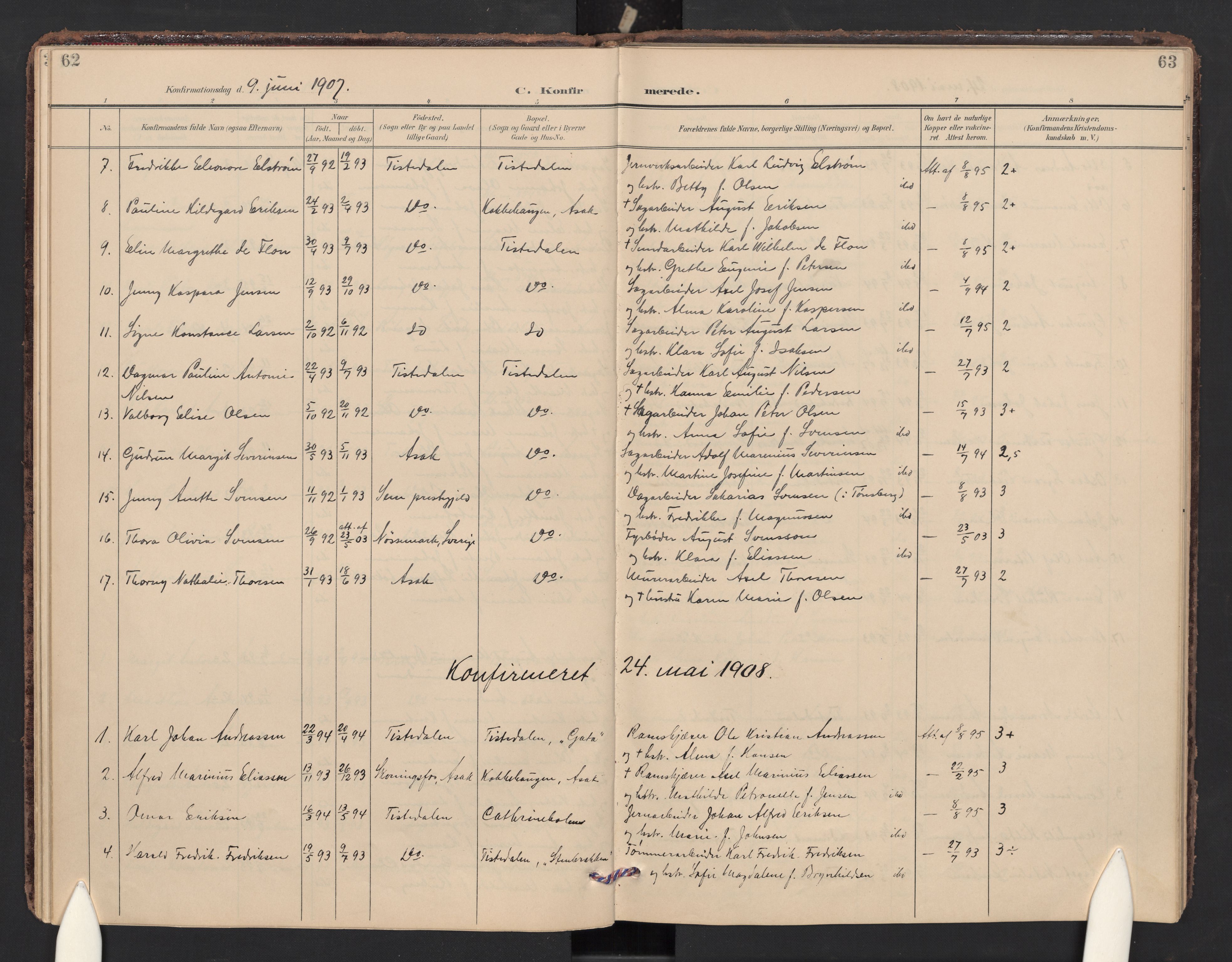 Halden prestekontor Kirkebøker, AV/SAO-A-10909/F/Fc/L0001: Parish register (official) no. III 1, 1902-1908, p. 62-63