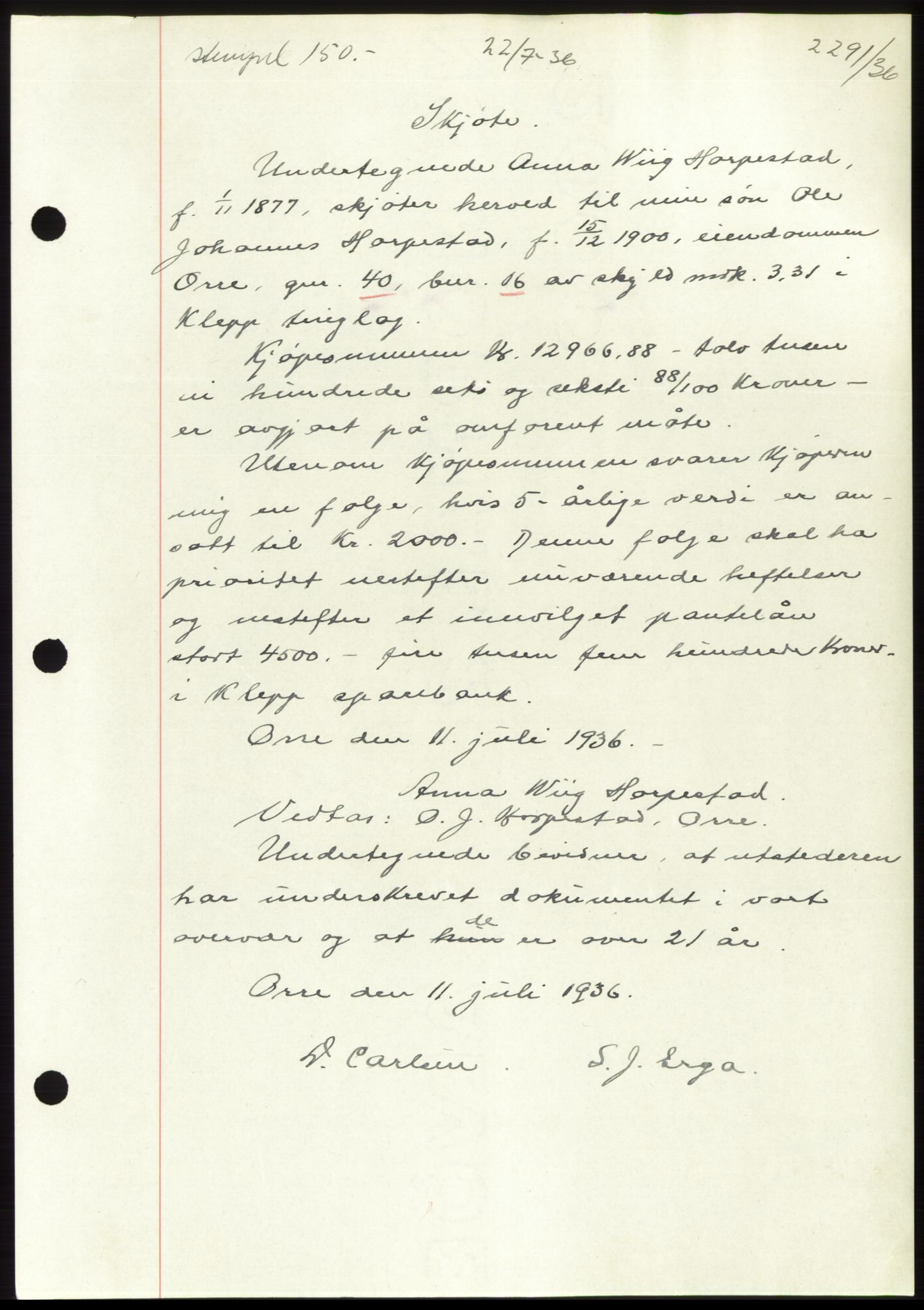 Jæren sorenskriveri, AV/SAST-A-100310/03/G/Gba/L0066: Mortgage book no. 71-72, 1936-1936, Diary no: : 2291/1936