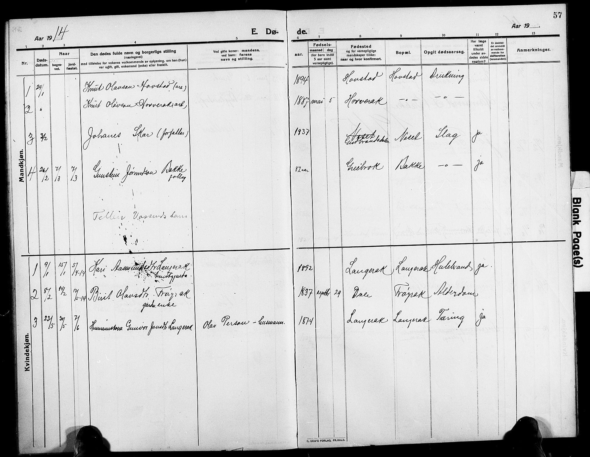 Bygland sokneprestkontor, SAK/1111-0006/F/Fb/Fbd/L0003: Parish register (copy) no. B 3, 1910-1926, p. 57