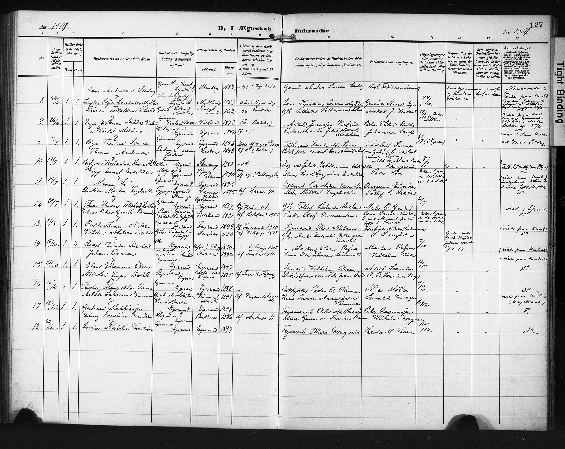 Eigersund sokneprestkontor, AV/SAST-A-101807/001/30/30BB/L0012: Parish register (copy) no. B 12, 1908-1930, p. 127
