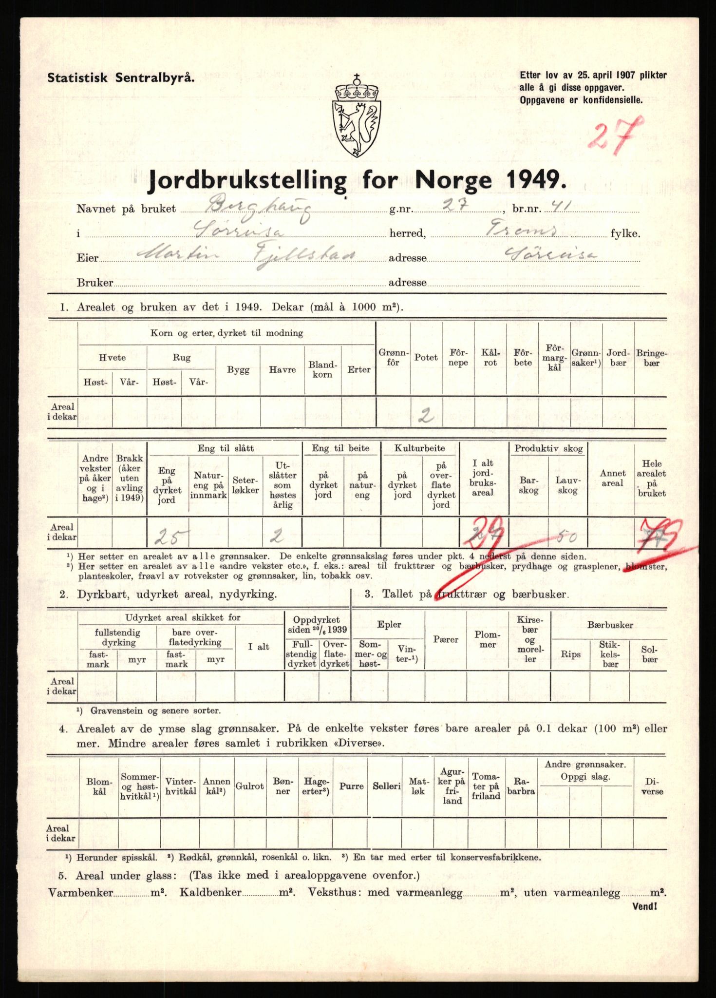 Statistisk sentralbyrå, Næringsøkonomiske emner, Jordbruk, skogbruk, jakt, fiske og fangst, AV/RA-S-2234/G/Gc/L0440: Troms: Sørreisa og Dyrøy, 1949, p. 500