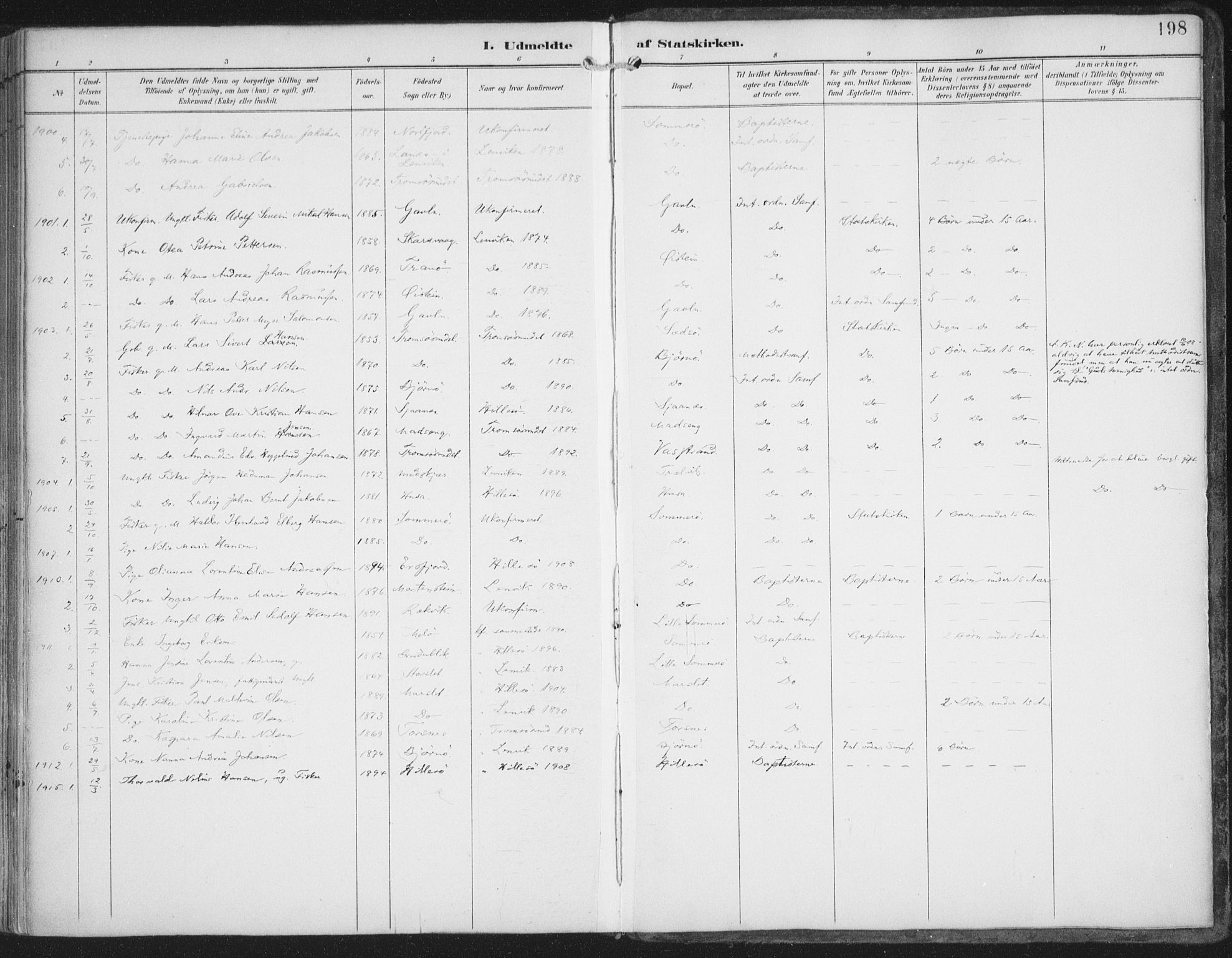 Lenvik sokneprestembete, AV/SATØ-S-1310/H/Ha/Haa/L0015kirke: Parish register (official) no. 15, 1896-1915, p. 198