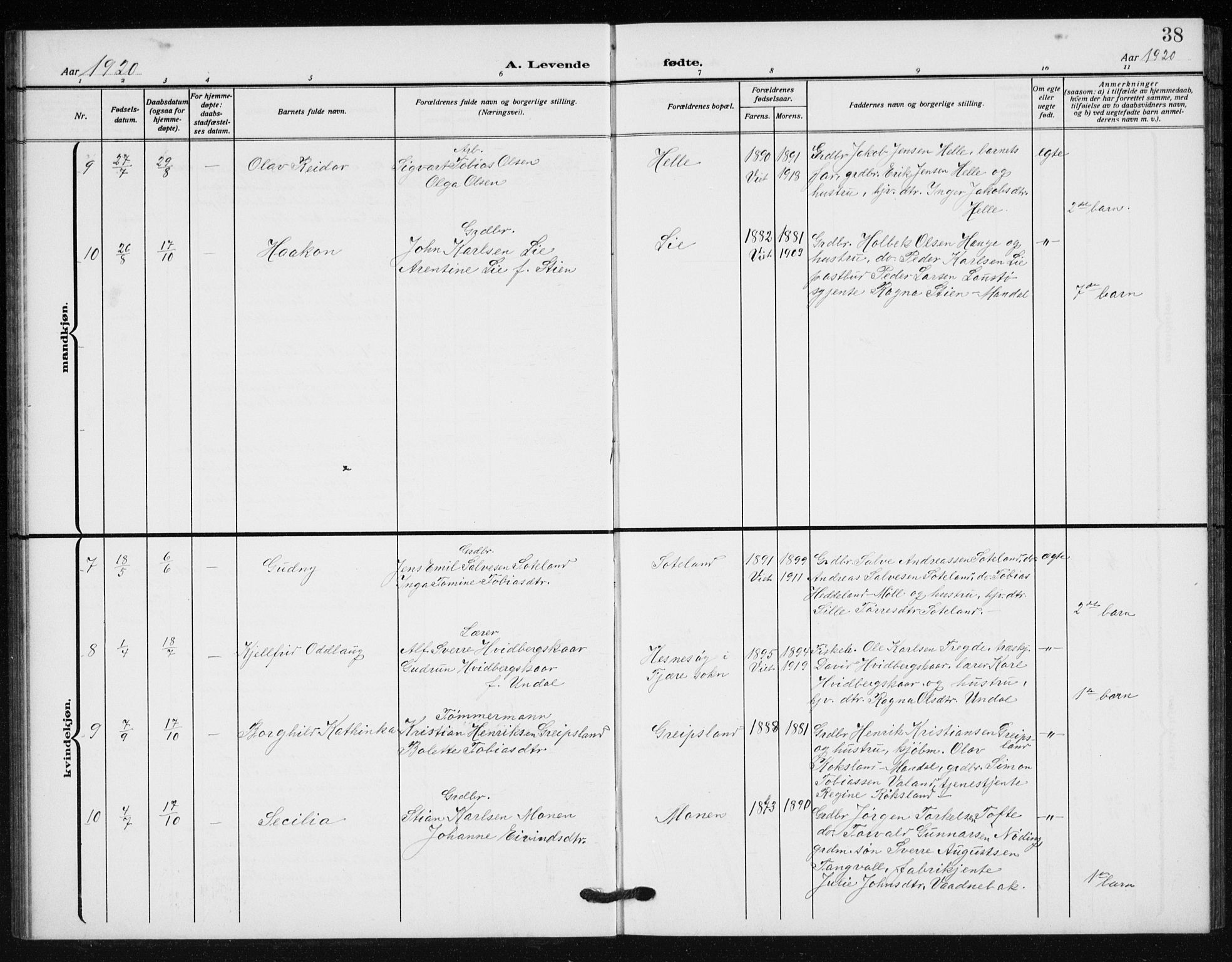 Holum sokneprestkontor, SAK/1111-0022/F/Fb/Fba/L0006: Parish register (copy) no. B 6, 1910-1936, p. 38