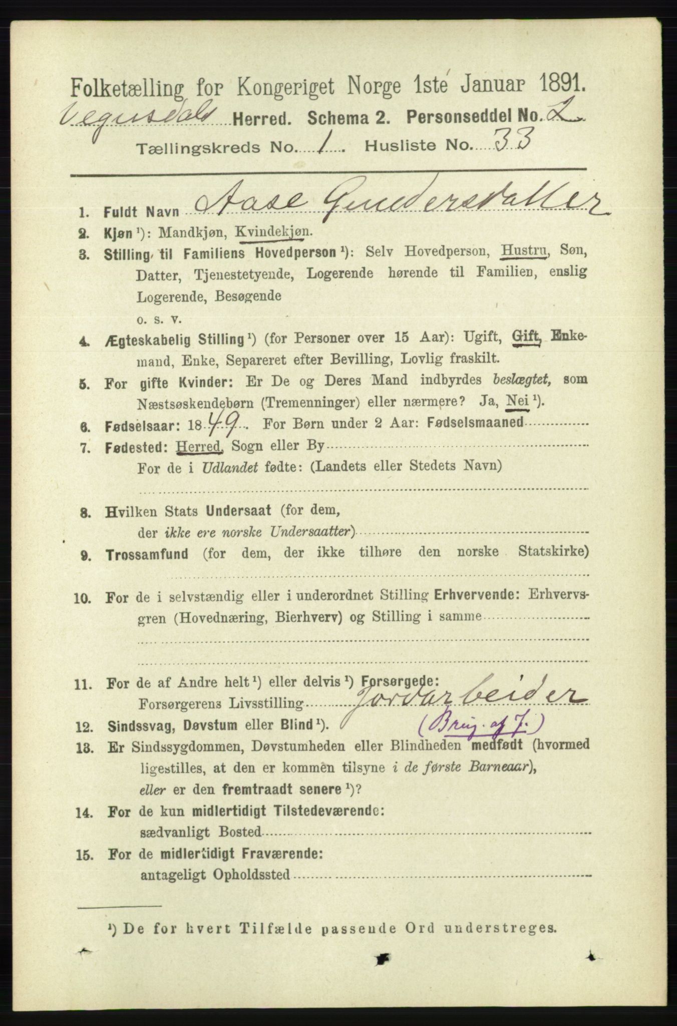 RA, 1891 census for 0934 Vegusdal, 1891, p. 284