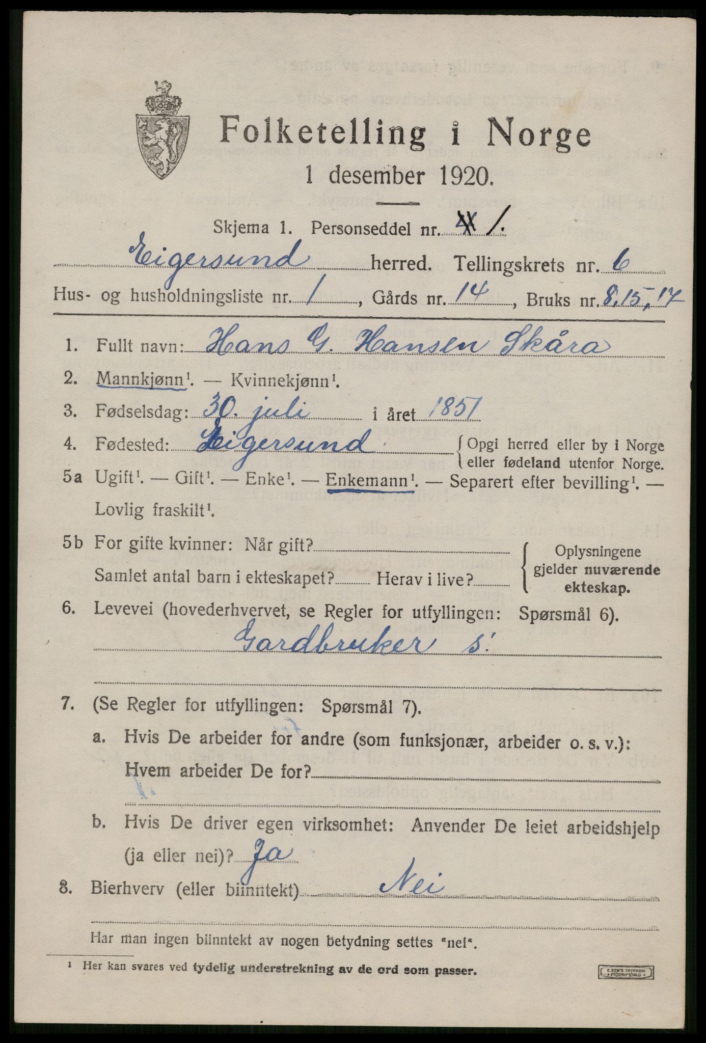 SAST, 1920 census for Eigersund, 1920, p. 3881