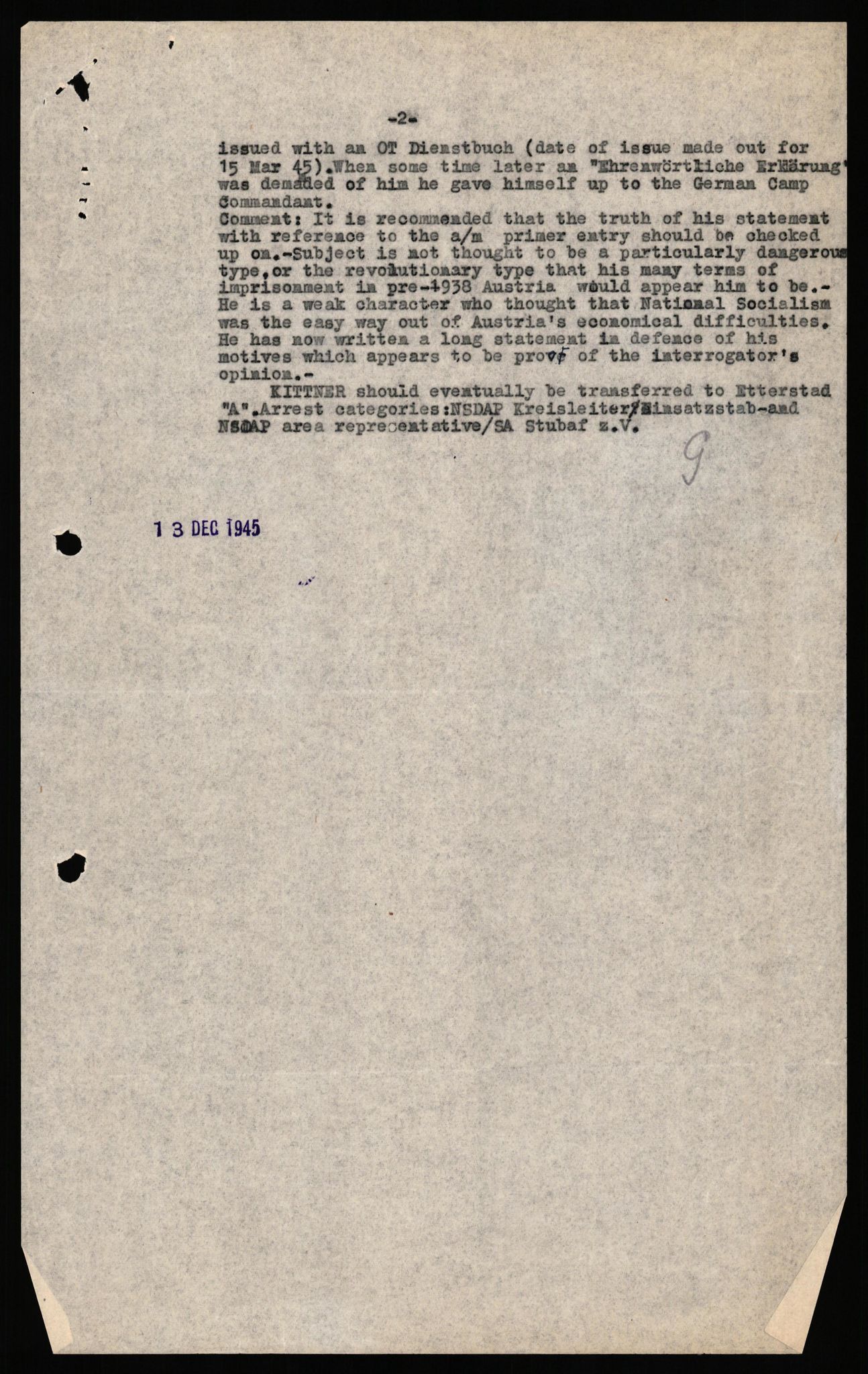 Forsvaret, Forsvarets overkommando II, AV/RA-RAFA-3915/D/Db/L0039: CI Questionaires. Tyske okkupasjonsstyrker i Norge. Østerrikere., 1945-1946, p. 193