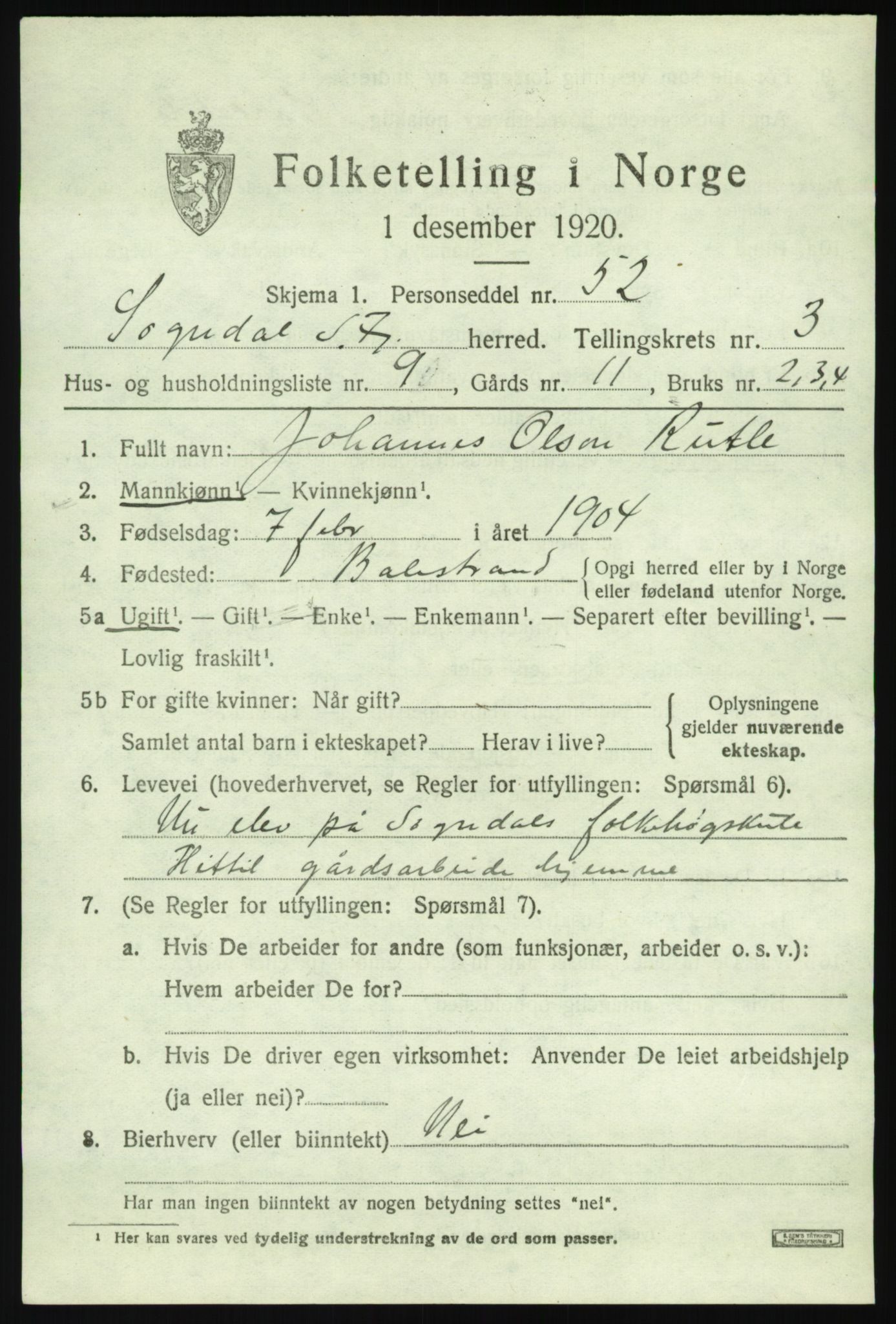 SAB, 1920 census for Sogndal, 1920, p. 2303