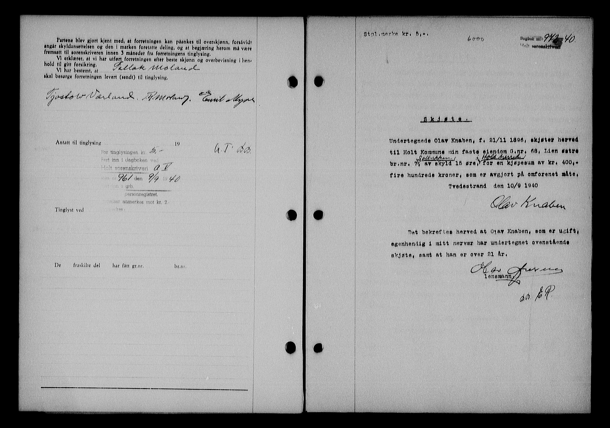 Holt sorenskriveri, AV/SAK-1221-0002/G/Gba/L0050: Mortgage book no. A-V, 1940-1942, Diary no: : 972/1940