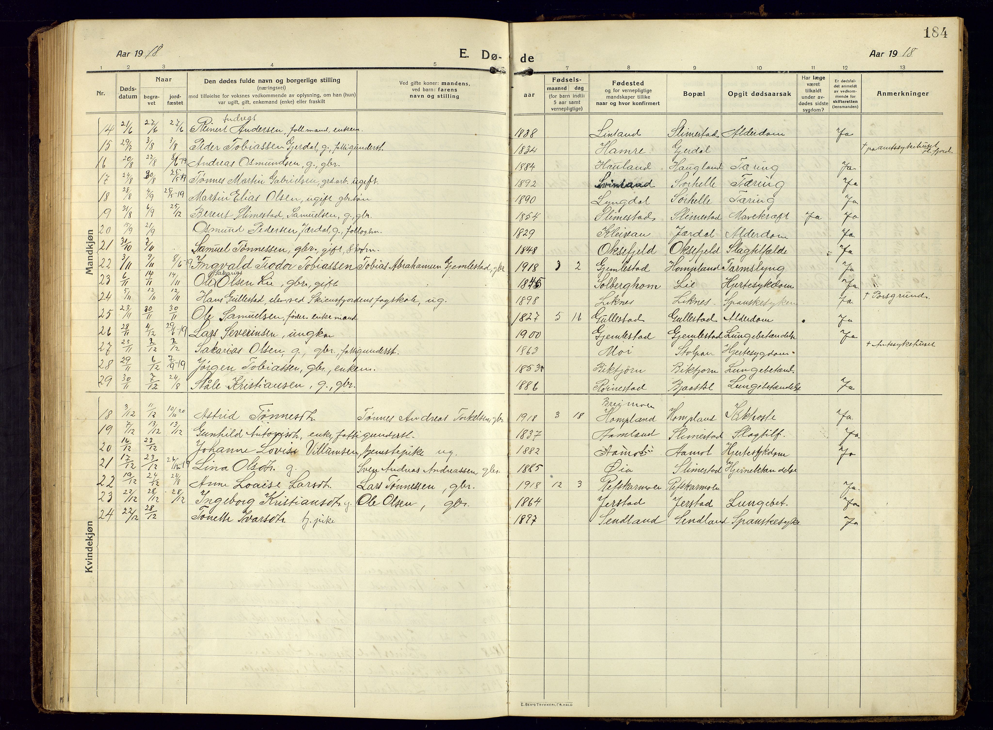 Kvinesdal sokneprestkontor, SAK/1111-0026/F/Fb/Fbb/L0004: Parish register (copy) no. B 4, 1917-1938, p. 184