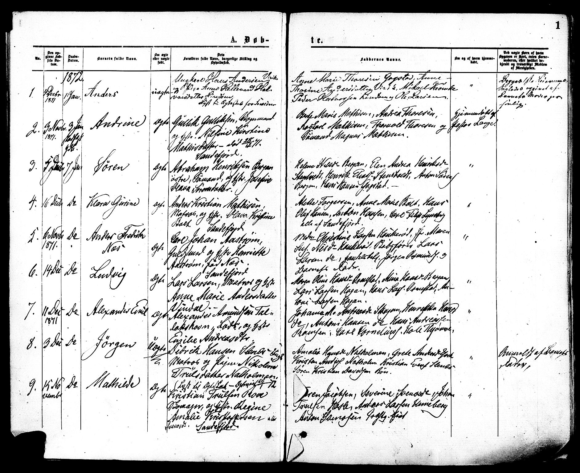 Sandar kirkebøker, SAKO/A-243/F/Fa/L0010: Parish register (official) no. 10, 1872-1882, p. 1