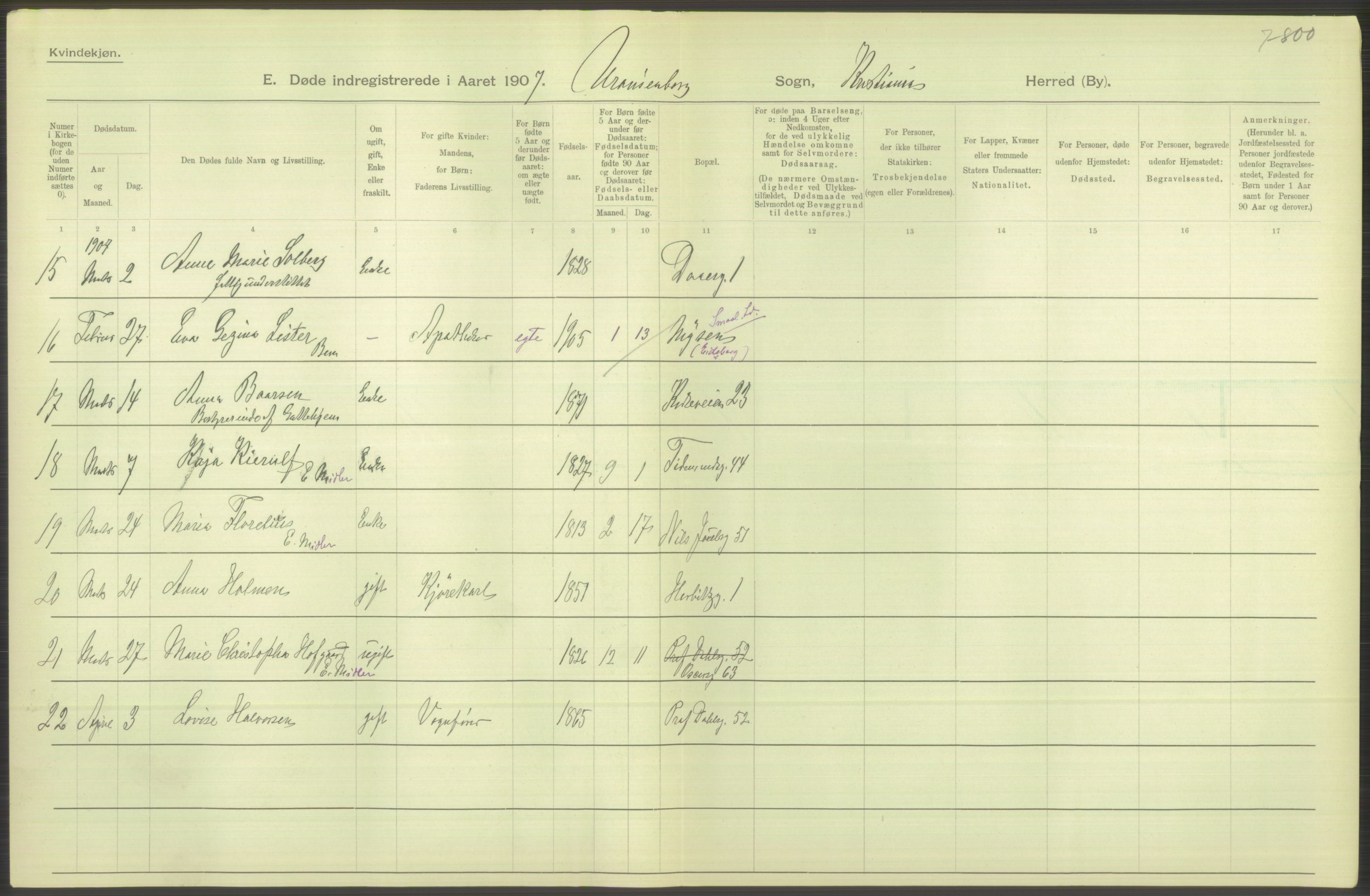 Statistisk sentralbyrå, Sosiodemografiske emner, Befolkning, AV/RA-S-2228/D/Df/Dfa/Dfae/L0009: Kristiania: Døde, 1907, p. 338