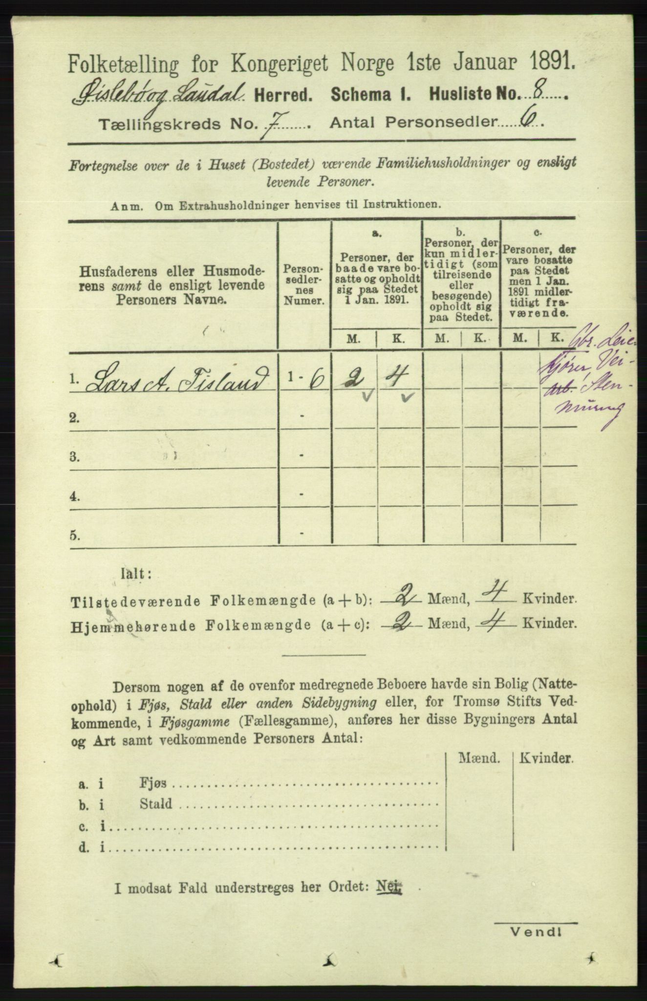 RA, 1891 census for 1021 Øyslebø og Laudal, 1891, p. 1911