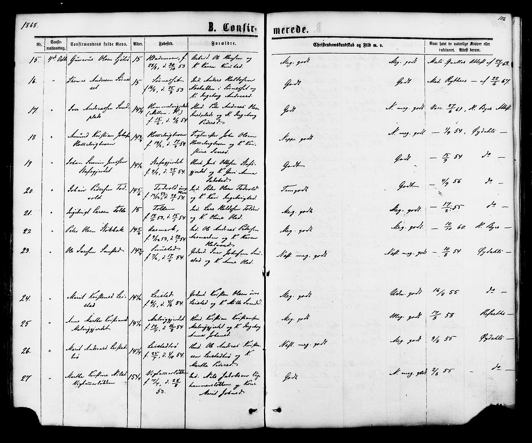 Ministerialprotokoller, klokkerbøker og fødselsregistre - Sør-Trøndelag, SAT/A-1456/616/L0409: Parish register (official) no. 616A06, 1865-1877, p. 102