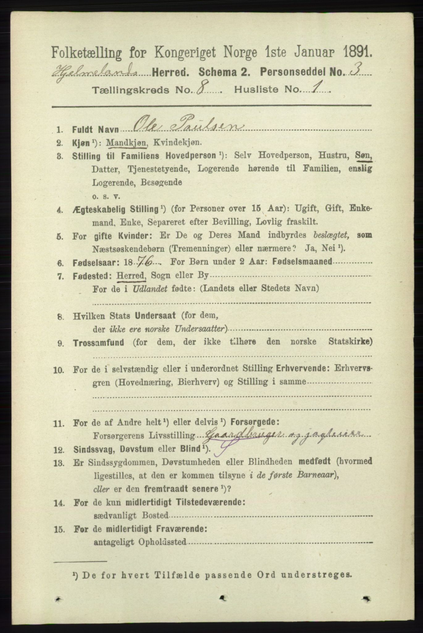 RA, 1891 census for 1133 Hjelmeland, 1891, p. 2475