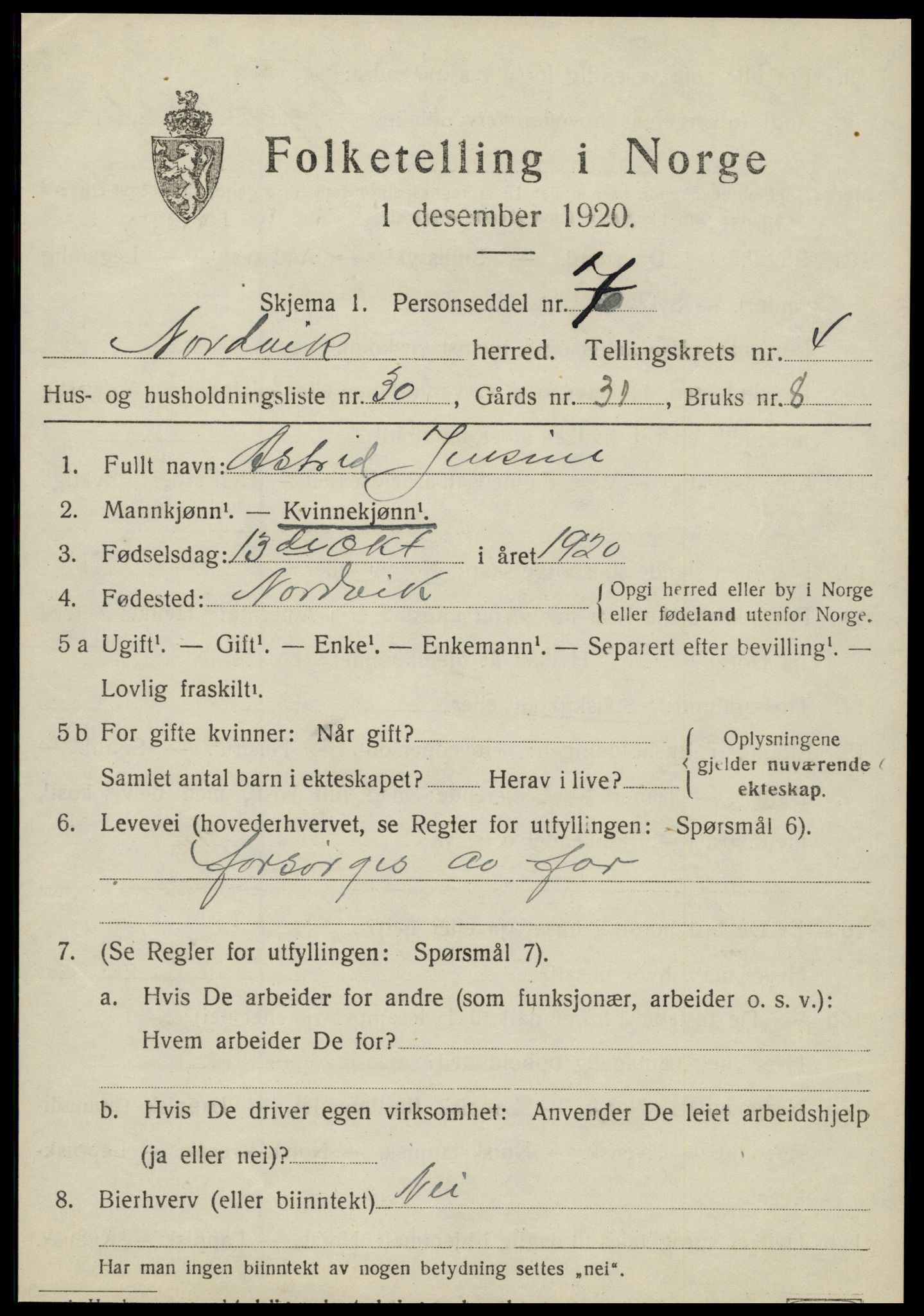 SAT, 1920 census for Nordvik, 1920, p. 1776