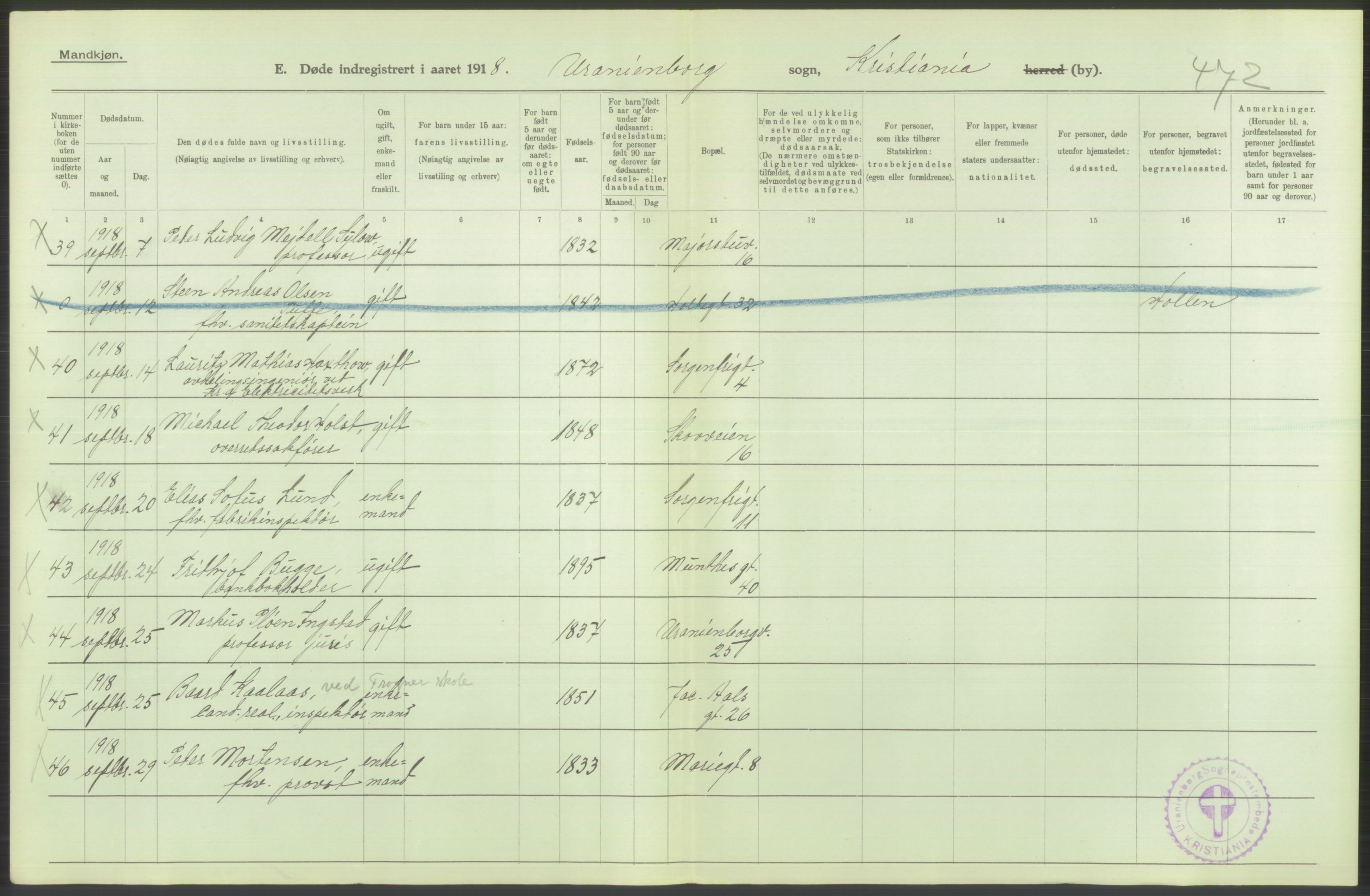 Statistisk sentralbyrå, Sosiodemografiske emner, Befolkning, AV/RA-S-2228/D/Df/Dfb/Dfbh/L0010: Kristiania: Døde, 1918, p. 198