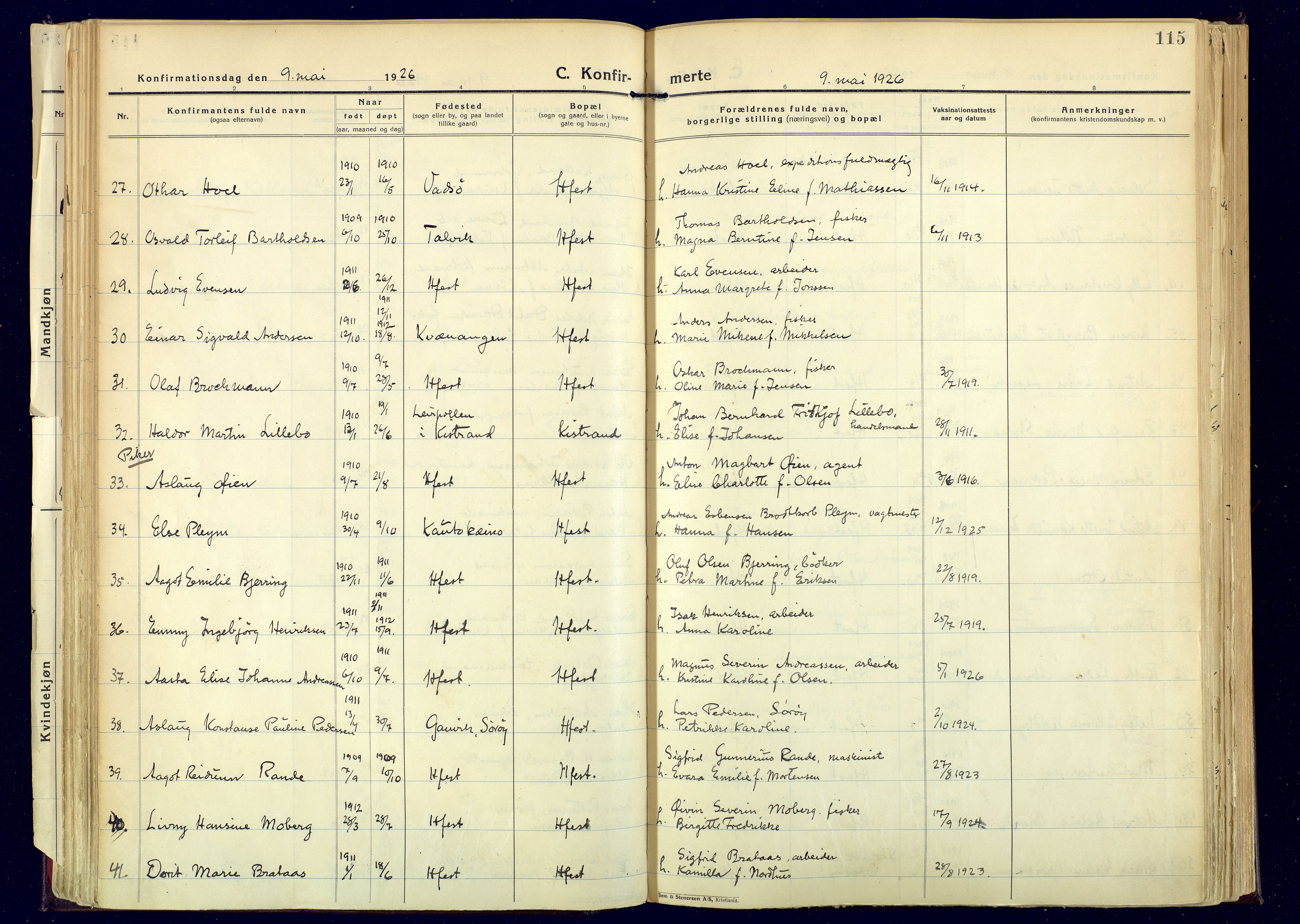 Hammerfest sokneprestkontor, AV/SATØ-S-1347/H/Ha/L0017.kirke: Parish register (official) no. 17, 1923-1933, p. 115