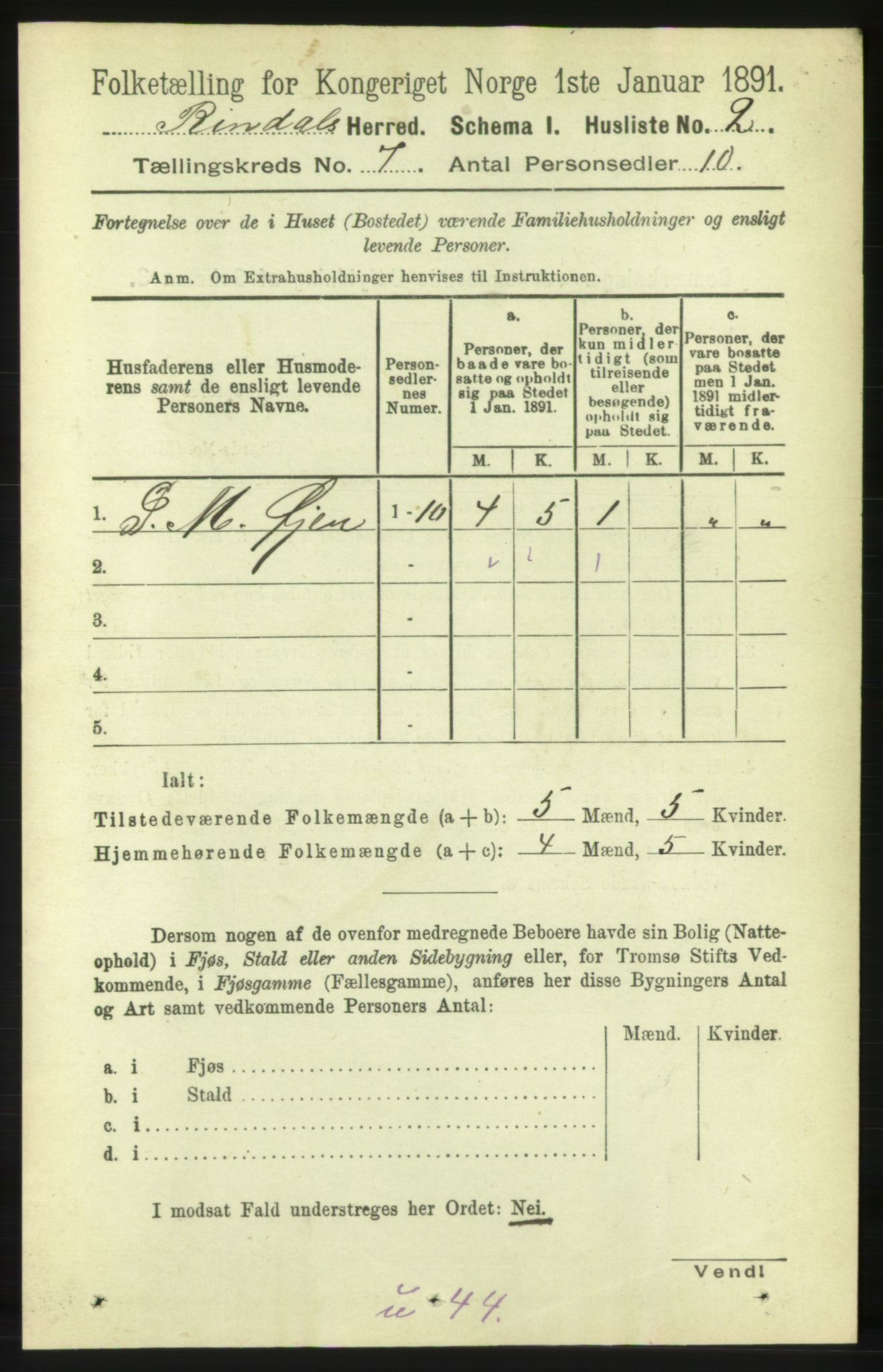 RA, 1891 census for 1567 Rindal, 1891, p. 1965