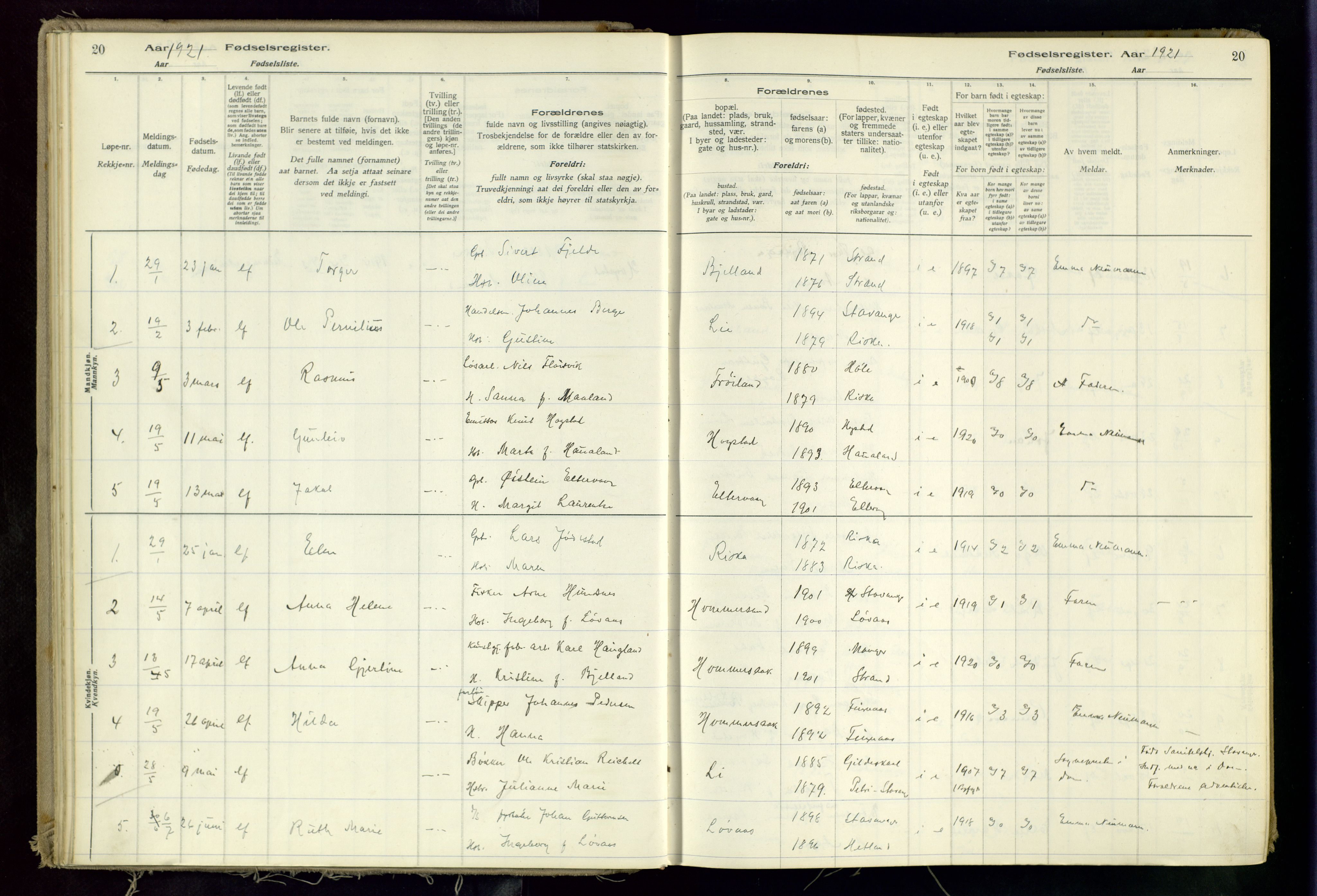 Hetland sokneprestkontor, SAST/A-101826/70/704BA/L0002: Birth register no. 2, 1916-1968, p. 20