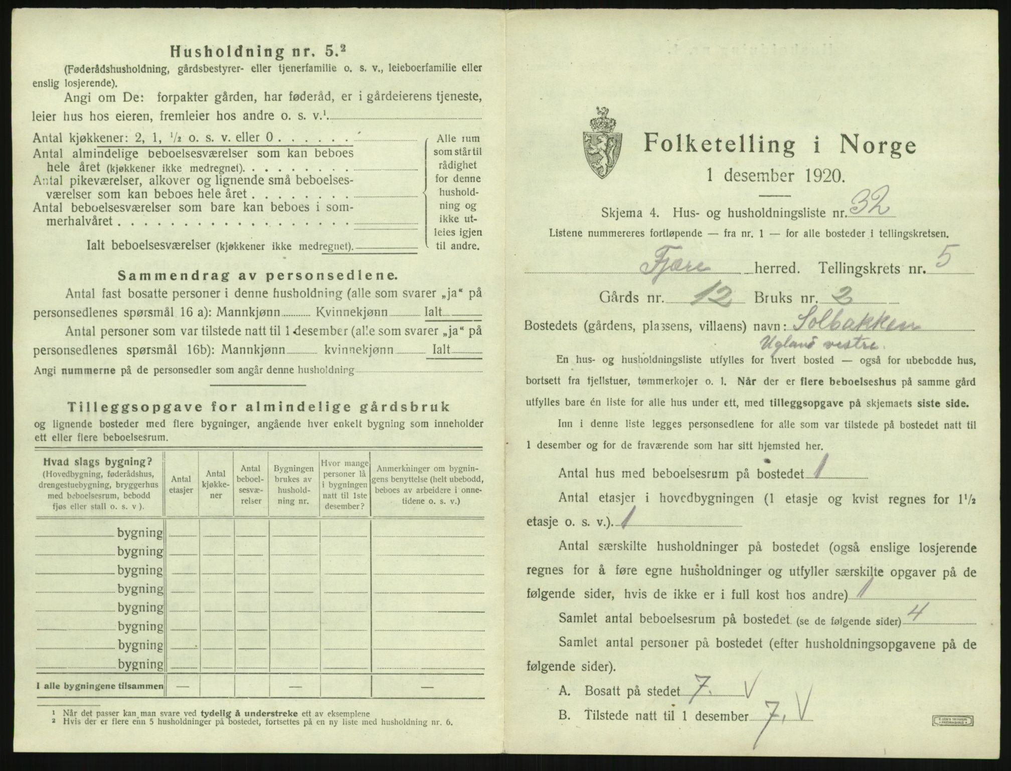 SAK, 1920 census for Fjære, 1920, p. 1075