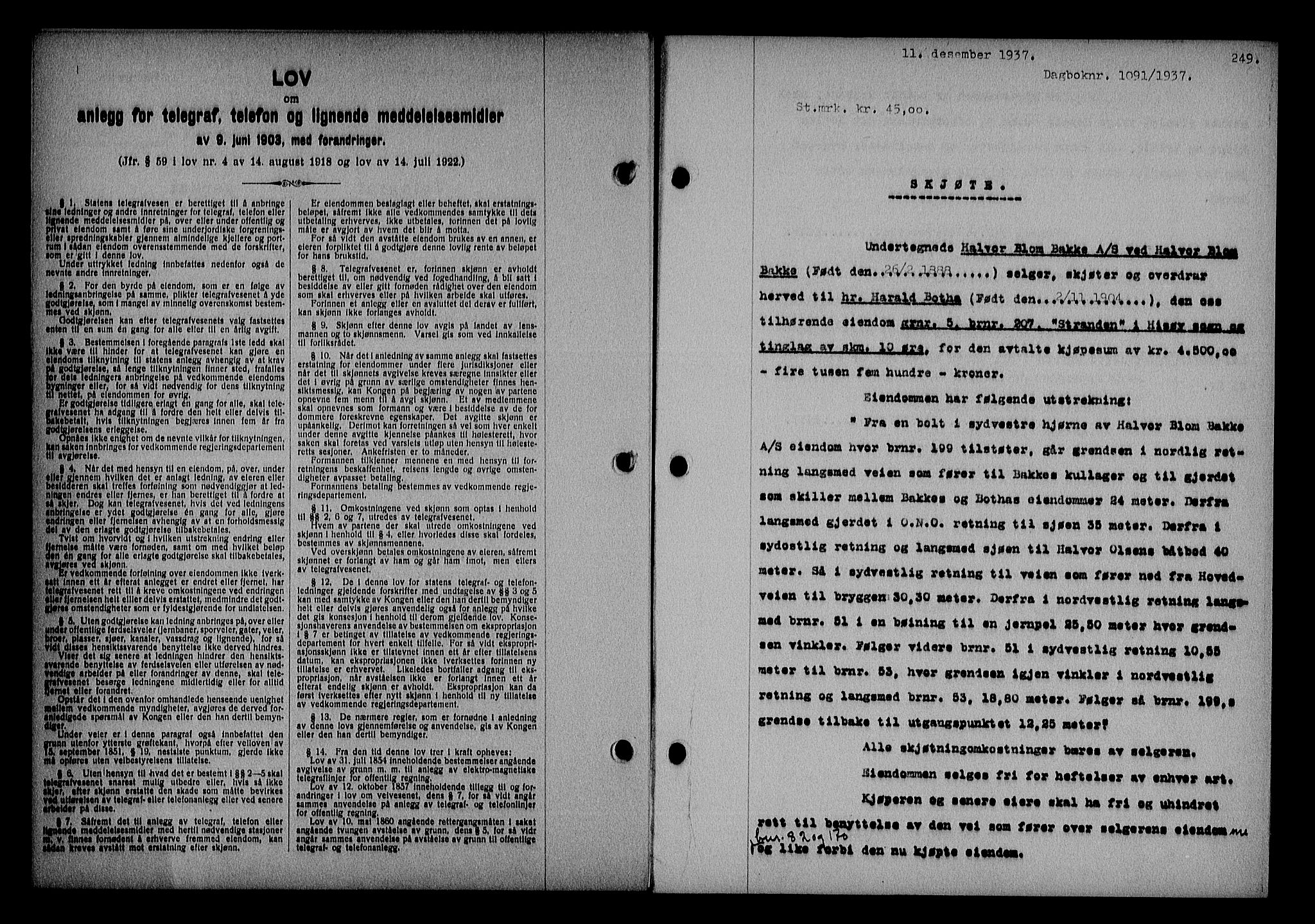 Nedenes sorenskriveri, SAK/1221-0006/G/Gb/Gba/L0044: Mortgage book no. 40, 1937-1938, Diary no: : 1091/1937