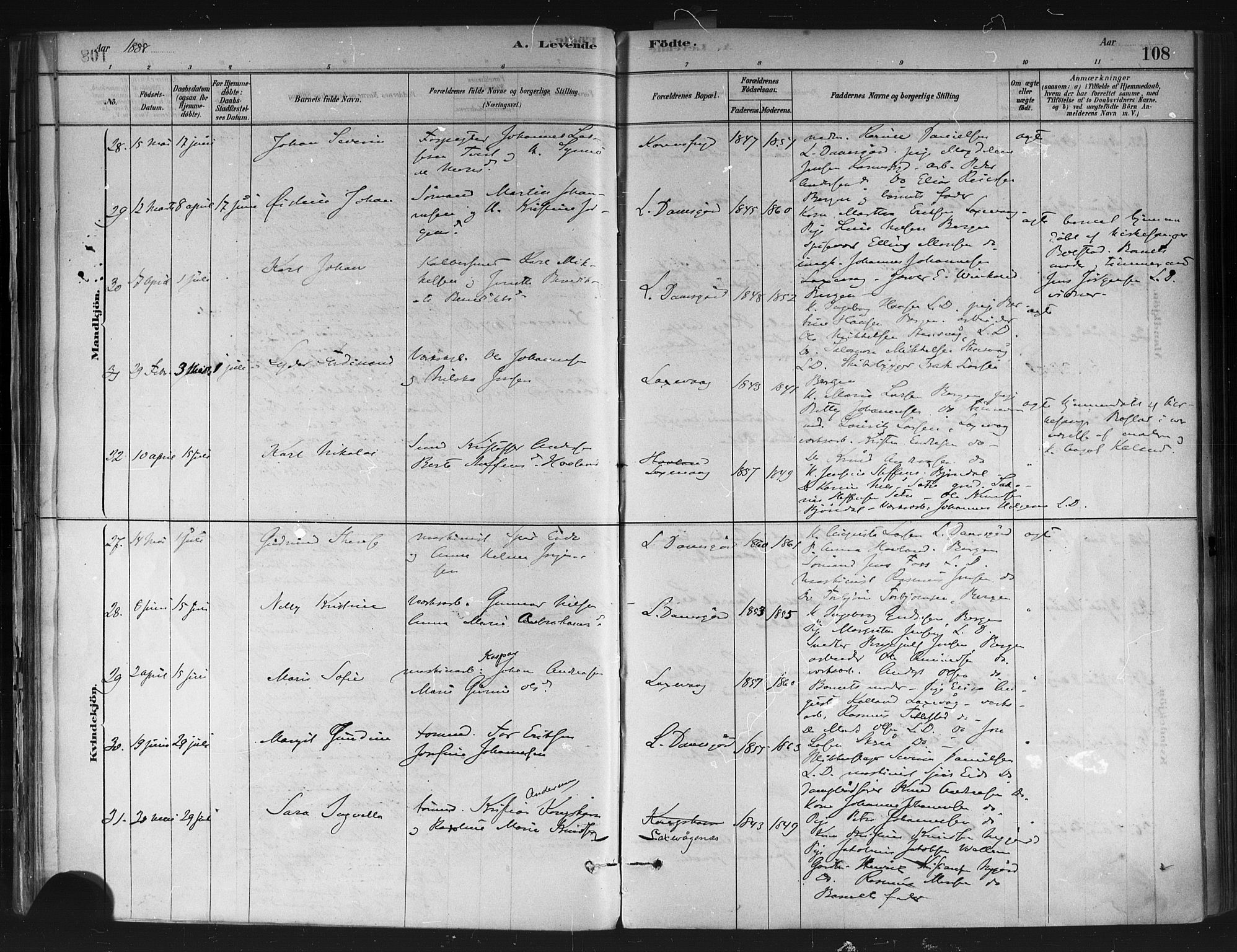 Askøy Sokneprestembete, AV/SAB-A-74101/H/Ha/Haa/Haae/L0002: Parish register (official) no. E 2, 1878-1891, p. 108