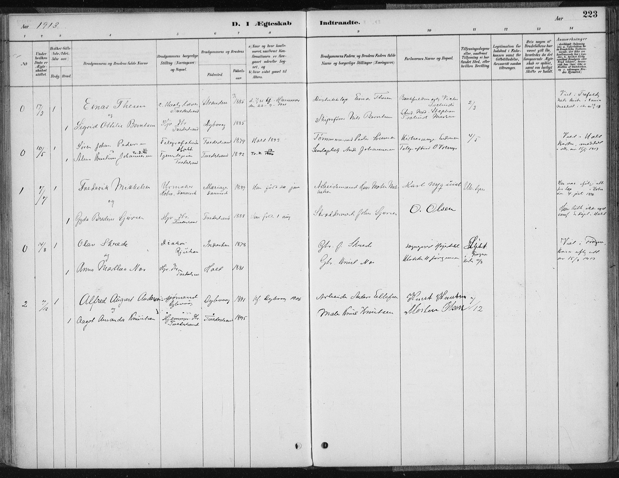 Tvedestrand sokneprestkontor, SAK/1111-0042/F/Fa/L0001: Parish register (official) no. A 1, 1885-1916, p. 223