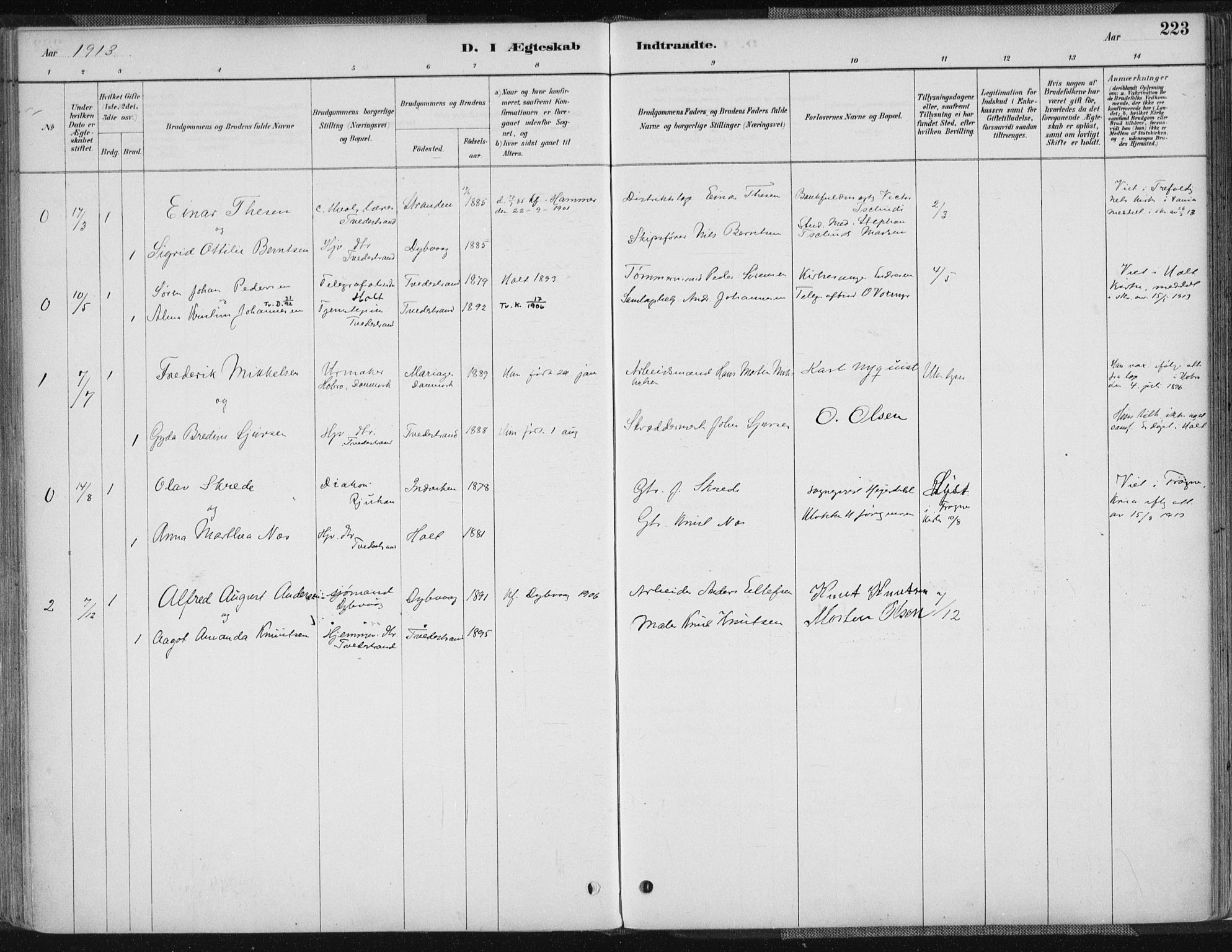 Tvedestrand sokneprestkontor, AV/SAK-1111-0042/F/Fa/L0001: Parish register (official) no. A 1, 1885-1916, p. 223