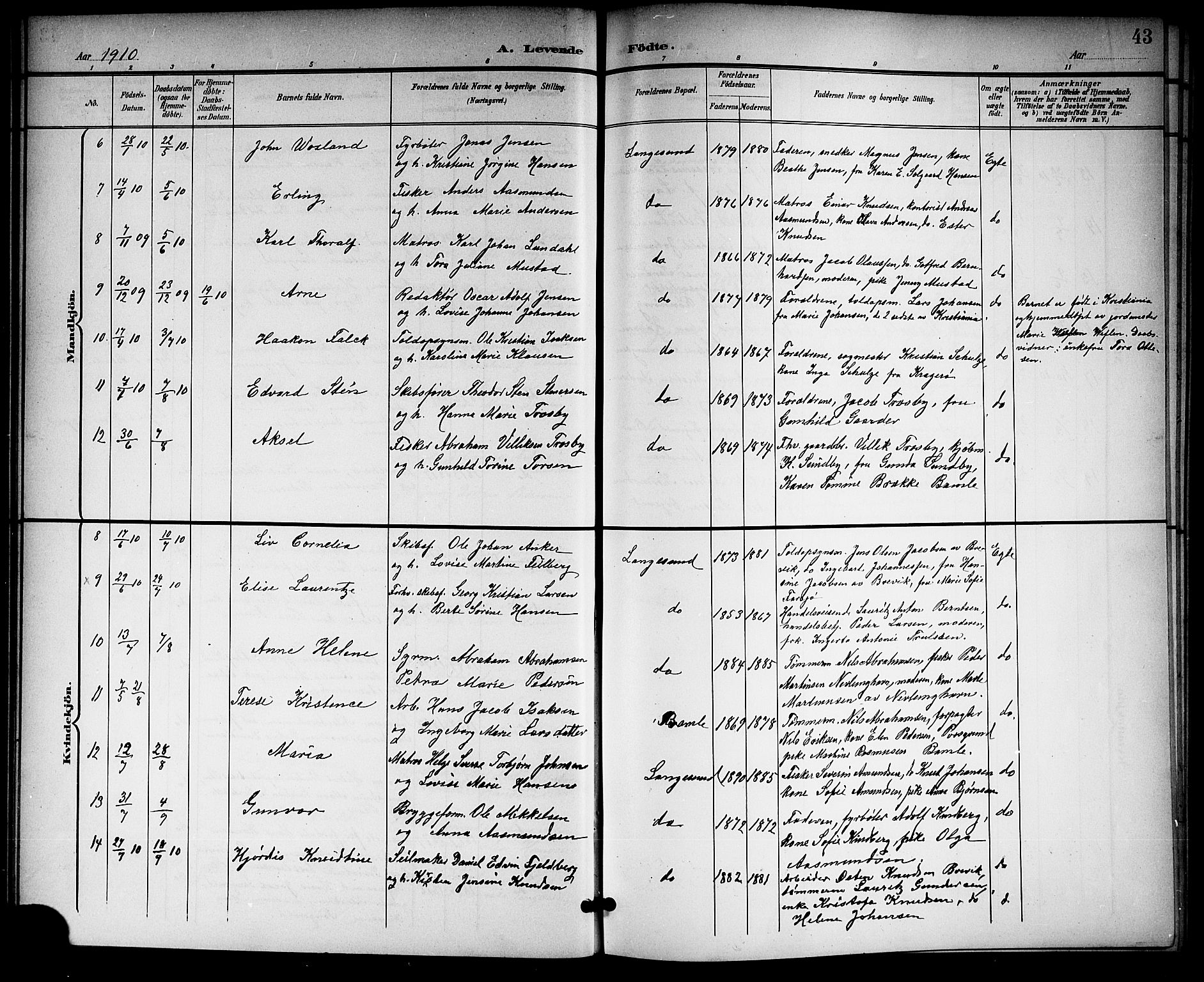 Langesund kirkebøker, SAKO/A-280/G/Ga/L0006: Parish register (copy) no. 6, 1899-1918, p. 43