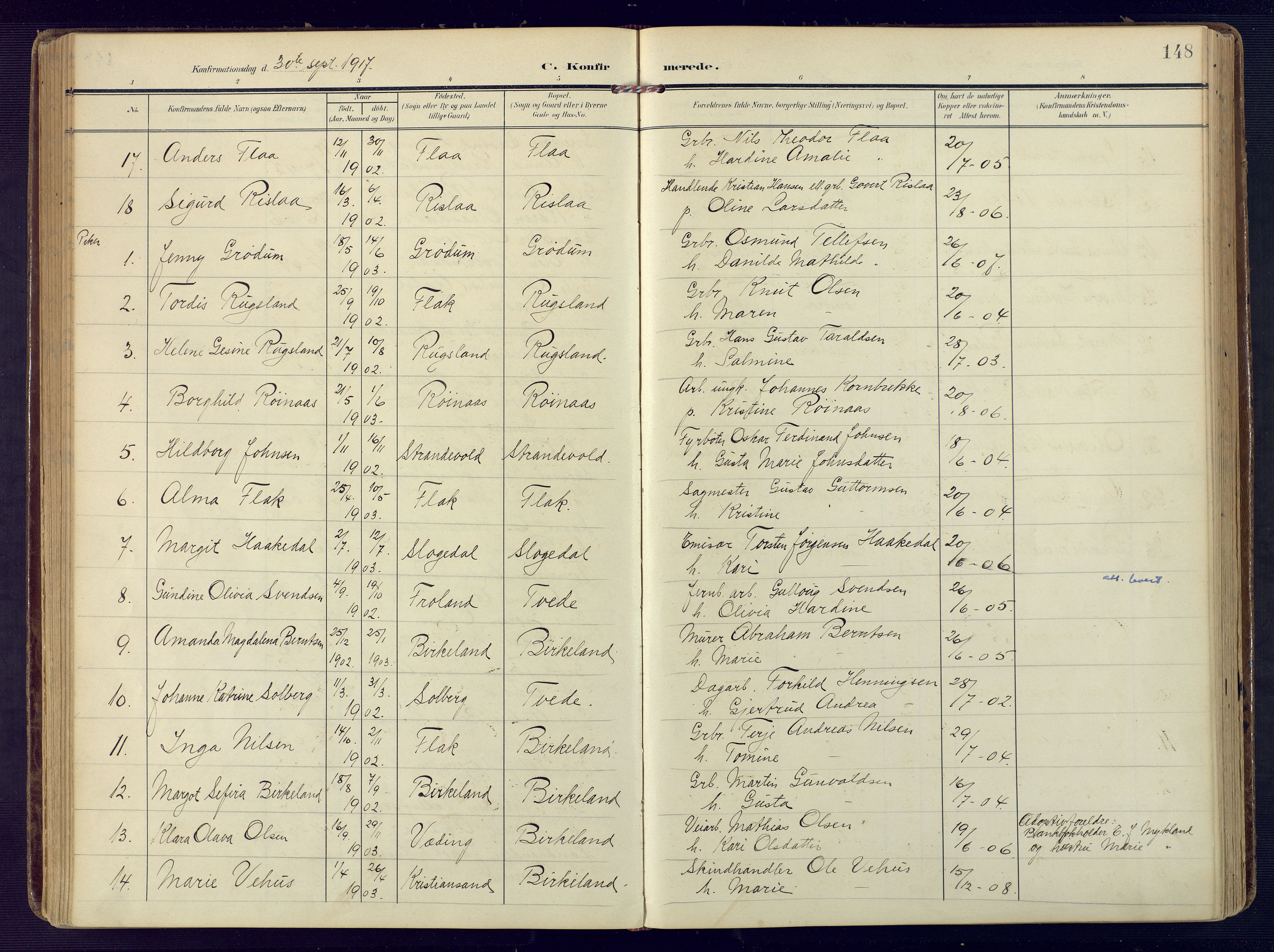 Birkenes sokneprestkontor, SAK/1111-0004/F/Fa/L0006: Parish register (official) no. A 6, 1908-1932, p. 148