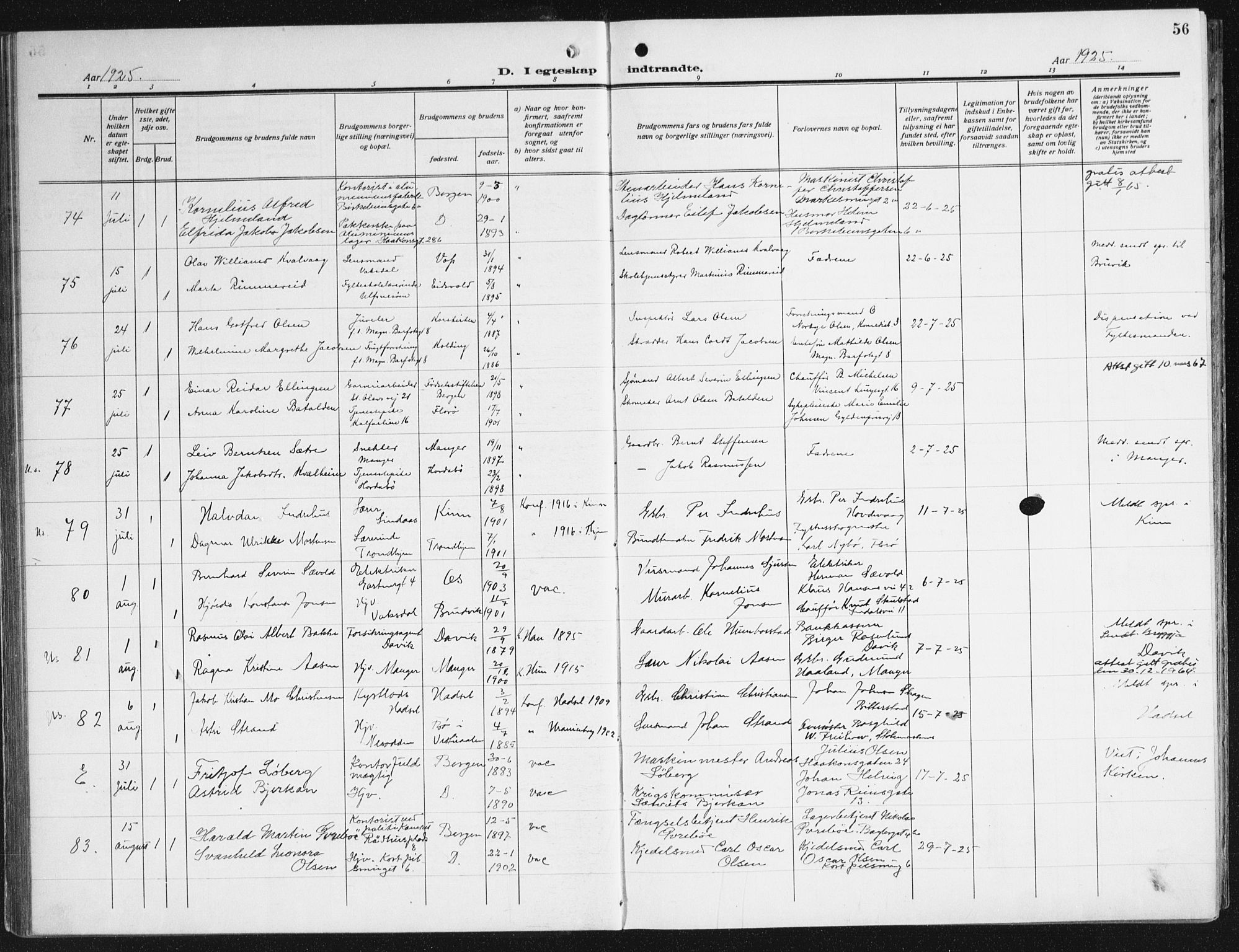 Domkirken sokneprestembete, AV/SAB-A-74801/H/Haa/L0039: Parish register (official) no. D 6, 1921-1937, p. 56