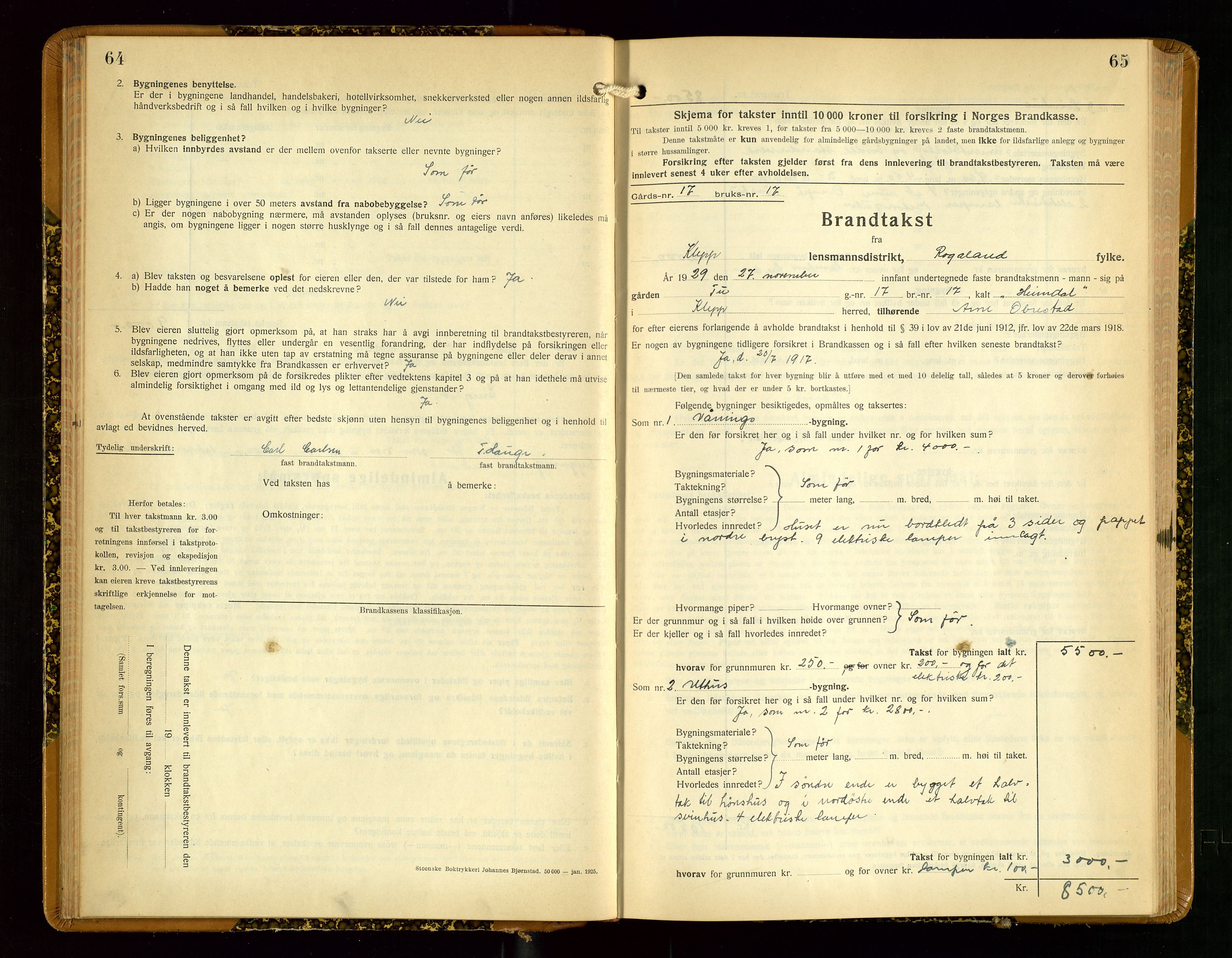 Klepp lensmannskontor, SAST/A-100163/Goc/L0012: "Brandtakstprotokoll" m/register, 1929-1933, p. 64-65