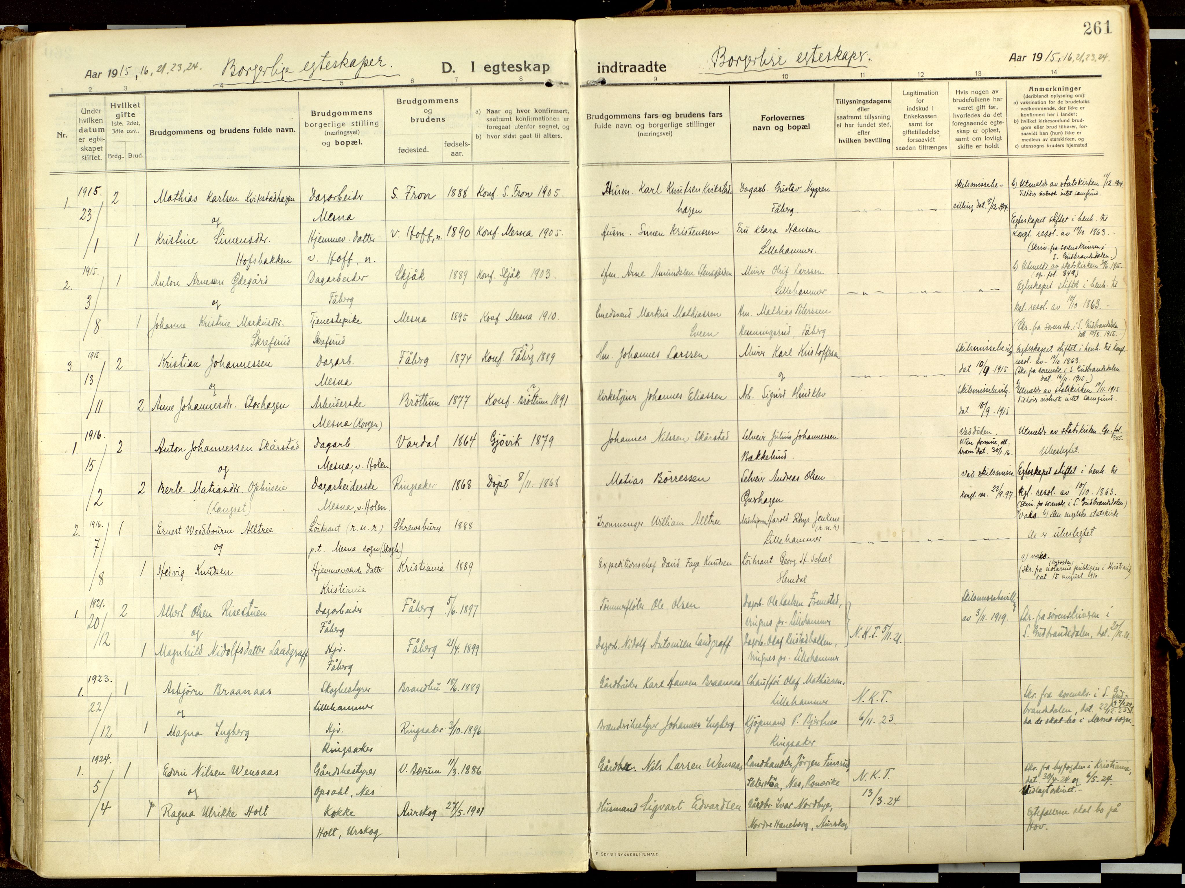 Fåberg prestekontor, AV/SAH-PREST-086/H/Ha/Haa/L0013: Parish register (official) no. 13, 1913-1928, p. 261