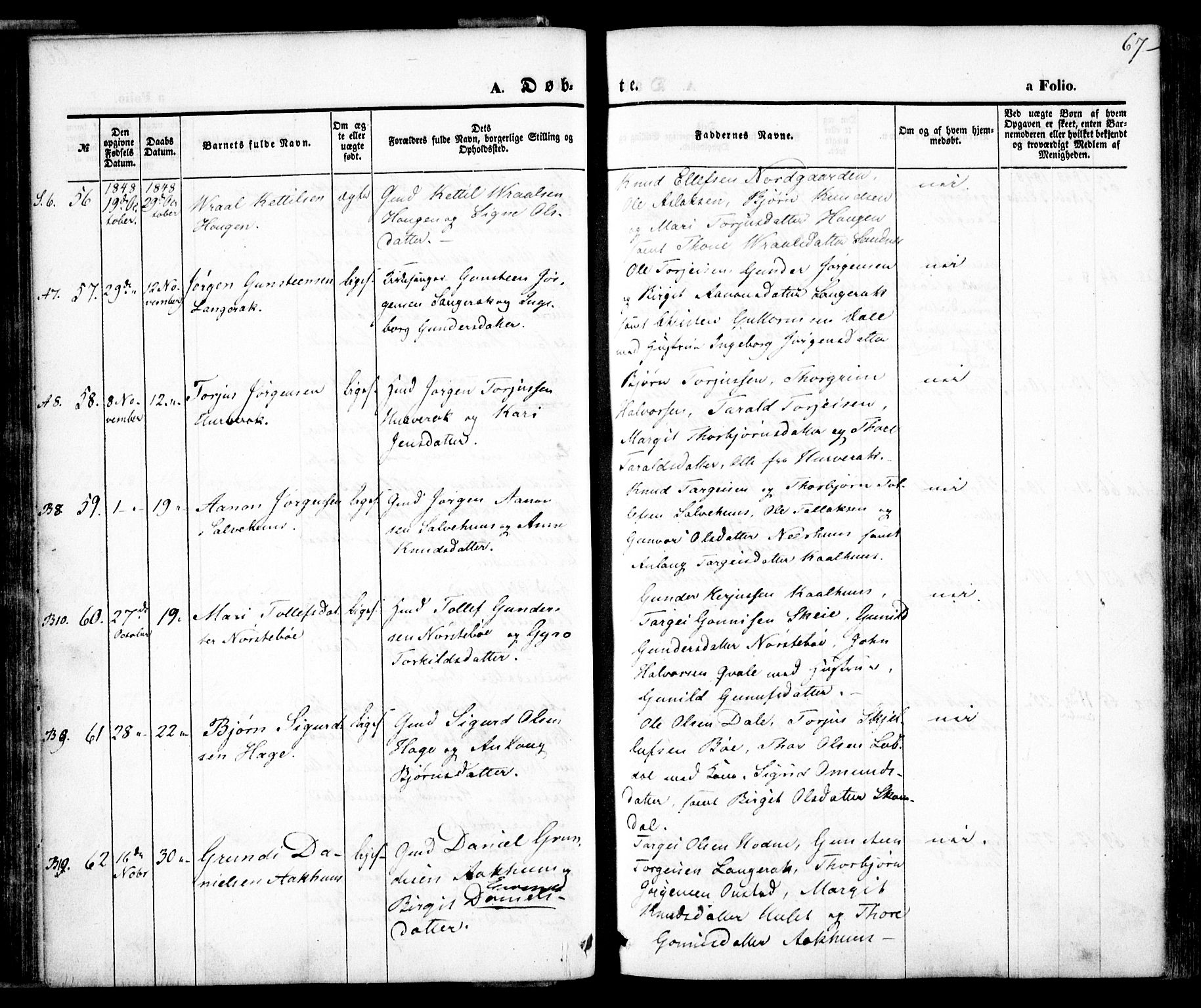 Bygland sokneprestkontor, AV/SAK-1111-0006/F/Fa/Fab/L0004: Parish register (official) no. A 4, 1842-1858, p. 67