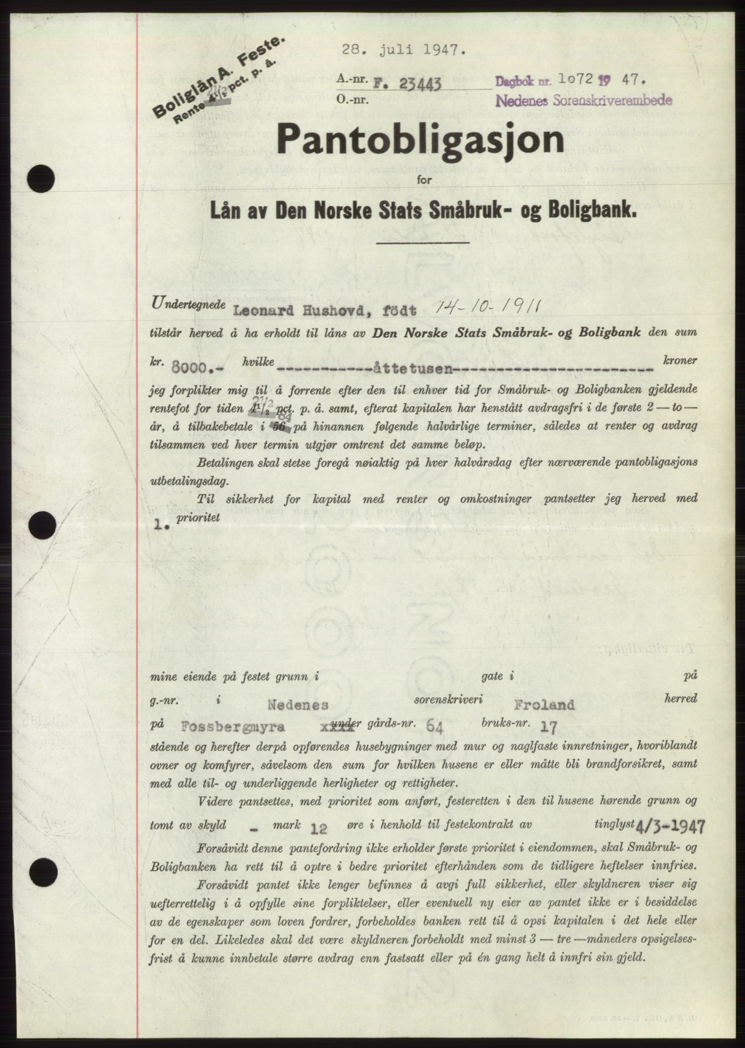 Nedenes sorenskriveri, AV/SAK-1221-0006/G/Gb/Gbb/L0004: Mortgage book no. B4, 1947-1947, Diary no: : 1072/1947