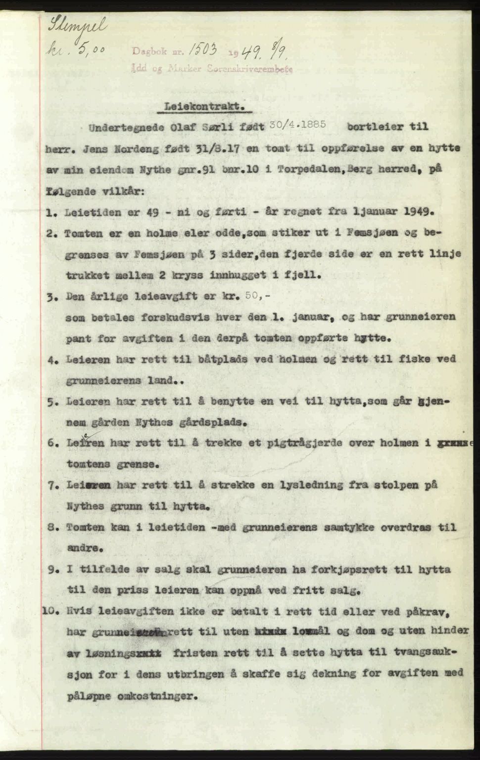 Idd og Marker sorenskriveri, AV/SAO-A-10283/G/Gb/Gbb/L0012: Mortgage book no. A12, 1949-1949, Diary no: : 1503/1949