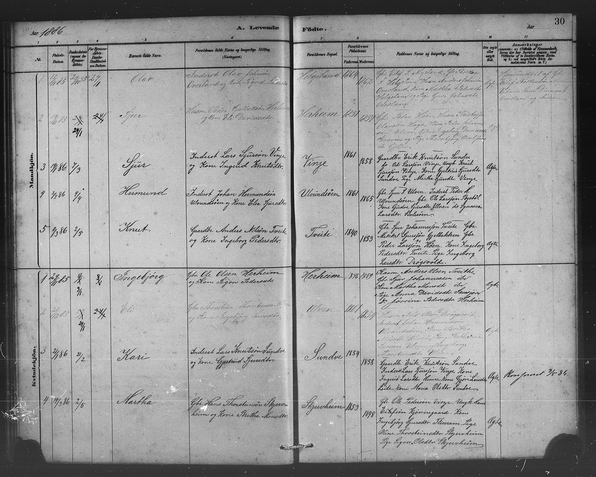 Vossestrand Sokneprestembete, AV/SAB-A-79101/H/Hab: Parish register (copy) no. B 3, 1880-1907, p. 30