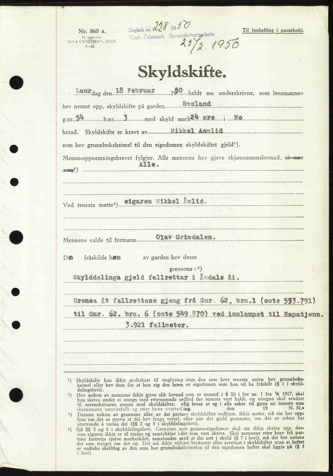 Vest-Telemark sorenskriveri, AV/SAKO-A-134/G/Ga/Gac/L0011: Mortgage book no. A-11, 1950-1950, Diary no: : 228/1950